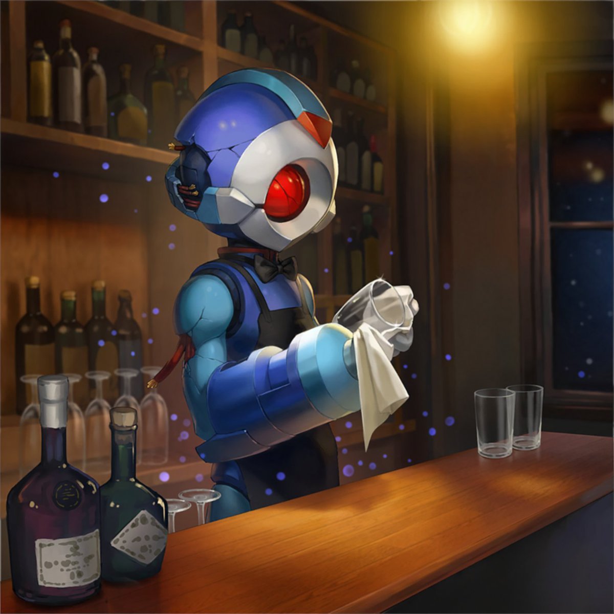 A damaged robot polishes glasses from behind the counter. Some patrons might wonder what good a bartender is if they don't even know what the drinks taste like...before shrugging it off and ordering another.
#TEPPEN #MegaManZero

Check Rockman Corner later for the rest.
