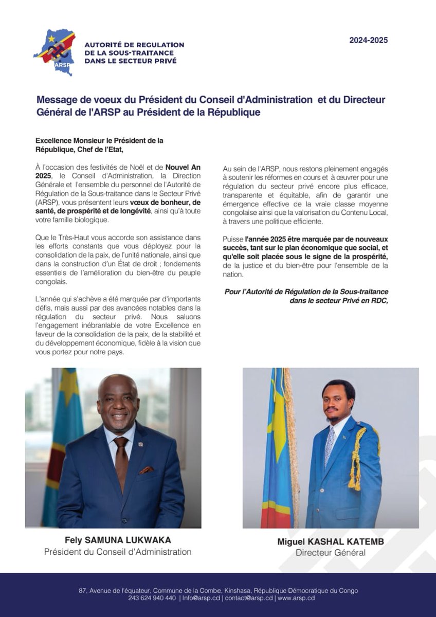ARSP - RDC (@arsprdc) on Twitter photo Message de vœux Du Président du Conseil d’Administration <a href="/FelySamuna/">Samuna Fely</a> et du Directeur Général de l’ARSP <a href="/MiguelKashal/">Miguel Kashal Katemb</a> Adressé à Son Excellence Monsieur le Président de la République, Chef de l’État, Félix Antoine Tshisekedi Tshilombo
👉 arsp.cd Message de vœux Du Président du Conseil d’Administration <a href="/FelySamuna/">Samuna Fely</a> et du Directeur Général de l’ARSP <a href="/MiguelKashal/">Miguel Kashal Katemb</a> Adressé à Son Excellence Monsieur le Président de la République, Chef de l’État, Félix Antoine Tshisekedi Tshilombo
👉 arsp.cd