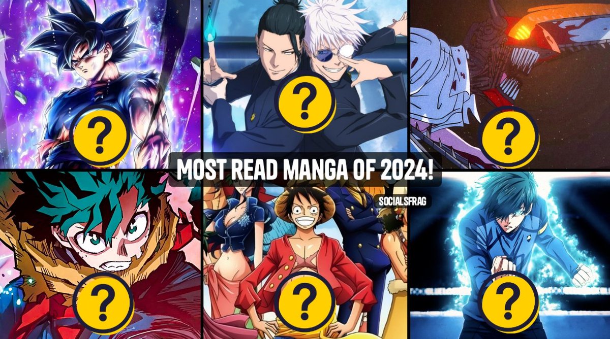 socialsfrag's tweet photo. Top 20 Most Read Manga of 2024:

ONE PIECE
Jujutsu Kaisen
Kingdom
Oshi no Ko
Frieren: Beyond Journey's End
Demon Slayer: Kimetsu no Yaiba
Detective Conan
Parallel World Pharmacy
SPY x FAMILY
My Hero Academia
Haikyuu!!.. etc 👇🏻

https://t.co/2UEyvHjbB7 https://t.co/TAMk3AaVF4