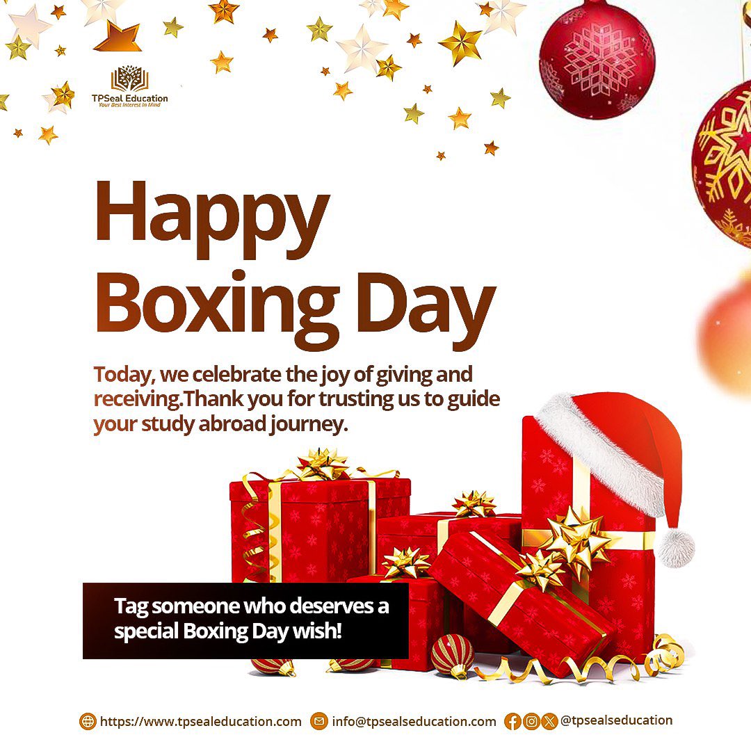 TPSeal_Edu's tweet photo. Happy Boxing Day! Today, we celebrate the joy of giving and receiving.
#happyboxingday #studyabroad #christmasseason🎄 #explore #studyabroadconsultants #tpsealeducation https://t.co/jDrOOXCnJH