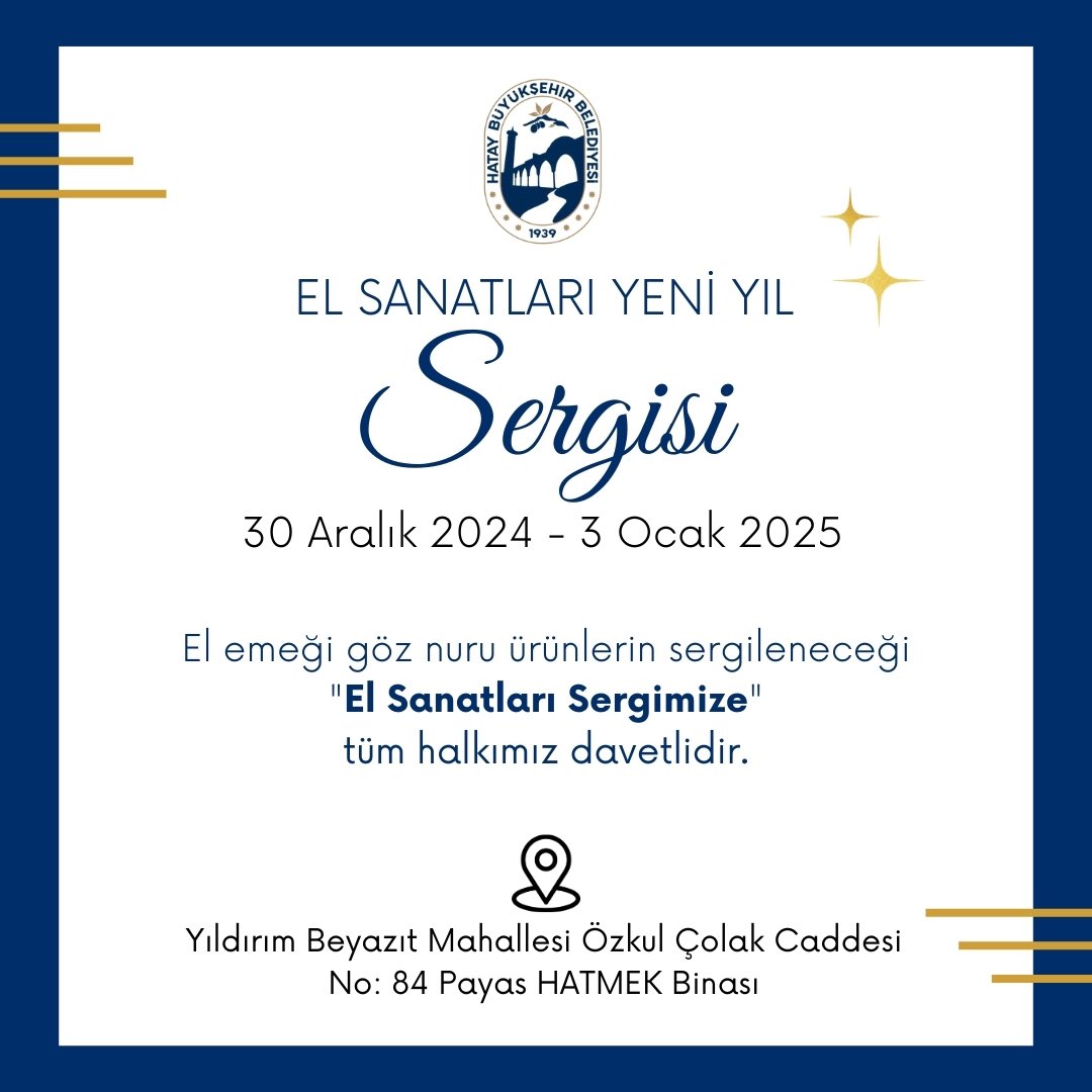 🖼 El Emeği Göz Nuru Ürünler Sergimizde.

📅 30 Aralık 2024 - 3 Ocak 2025 tarihleri arasında Payas HATMEK’te düzenlenecek "El Sanatları Yeni Yıl Sergimiz"de kursiyerlerimizin özenle hazırladığı çalışmalar sizlerle buluşuyor.

📍 Yıldırım Beyazıt Mahallesi, Özkul Çolak Caddesi,