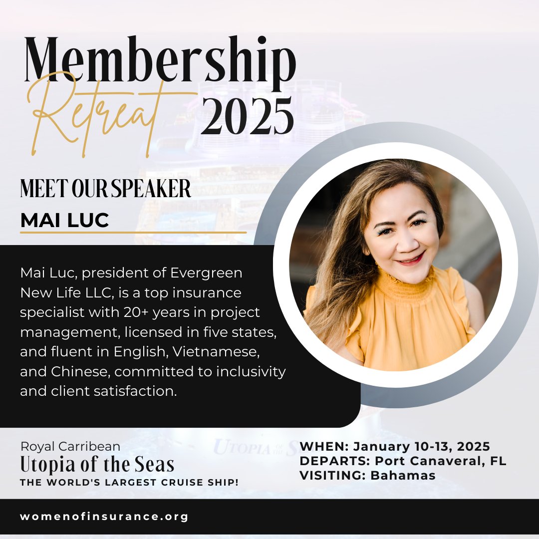 wmnofinsurance's tweet image. Explore the world of insurance with Mai Luc, president of Evergreen New Life LLC, who brings over 20 years of project management experience, multilingual fluency, and a commitment to inclusivity and client satisfaction.

#womenofinsurance #InsuranceExpertise #InclusiveLeadership