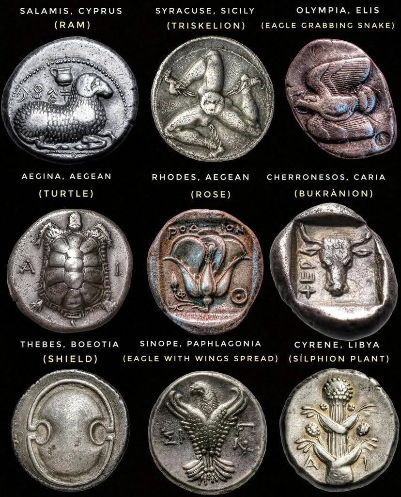 archeohistories's tweet photo. History of Ancient Greek Coins:

The history of ancient Greek coins is a fascinating tale of innovation, politics, art, and culture. Coinage played a pivotal role in shaping the economic and political landscapes of the Greek world, serving not only as a medium of exchange but also as a means of propaganda, artistry, and religious expression.

• The Beginnings of Coinage (7th Century BC) :
The first known Greek coins were minted in the region of Lydia, located in modern-day Turkey, around 600 BC. These early coins were made of electrum, a naturally occurring alloy of gold and silver. King Croesus of Lydia (reigning from 595-546 BC) is often credited with introducing the first pure gold and silver coins, which became highly influential in the ancient world.

However, the idea of coinage soon spread to the Greek city-states, and by the 7th Century BC, the Greek world began producing their own coins. The city-state of Aegina (located in the Saronic Gulf) is thought to have been one of the first to mint coins. The Aeginetan stater, featuring a turtle symbol, became a widely circulated and recognized coin throughout the Mediterranean.

2. The Rise of City-State Coinage (6th-5th Century BC) :
By the 6th Century BC, many Greek city-states began minting their own coins. This was a revolutionary development, as it gave city-states greater control over their economies and allowed them to express their unique identity through the symbols depicted on the coins. Athens was one of the most famous early coin producers, with the Athenian owl coin (featuring the goddess Athena and an owl) becoming an iconic symbol of the city and widely circulated across the Greek world.

Each city-state had its own minting system, with designs that often featured local gods, heroes, or symbols of power. For instance:

Corinth minted coins featuring the Pegasus, the winged horse, which was a symbol of the city.
Syracuse on the island of Sicily, under the rule of Dionysius I, minted magnificent coins featuring images of Arethusa, the nymph, along with dolphins.

Ephesus featured the goddess Artemis on its coins, showcasing her importance in the city's religious life.

The stater (a gold or silver coin) became the standard unit of currency in many city-states. Coins helped facilitate trade, as they provided a standardized form of money that could be used across regions, contributing to the expansion of commerce and exchange between Greek city-states and foreign powers, such as the Persians, Egyptians, and Phoenicians.

• The Classical Period and Expansion of Coinage (5th-4th Century BC) :
The 5th Century BC marked a golden age for Greek coinage, especially with the rise of Athens after its victory in the Persian Wars (490–479 BC). Athens, with its rich silver mines at Laurion, began minting massive quantities of coins, notably the Athenian tetradrachm, which became one of the most important and widely circulated coins of the ancient world. These coins depicted the head of Athena on the obverse and the owl on the reverse, symbolizing wisdom and the city’s power.

Coinage during this period was also a reflection of the political and cultural power of the city-states. Coins were used not only in trade but also as propaganda, reinforcing the authority of rulers and the prestige of the cities. The designs often depicted deities, heroes, and events related to the city’s triumphs or divine patronage.

During this time, the use of coins in warfare became more significant. Armies began paying soldiers in coinage, and mercenaries were often compensated with coins rather than land or goods. This facilitated the expansion of Greek influence, particularly through the use of mercenary forces in campaigns across the Mediterranean and beyond.

#archaeohistories