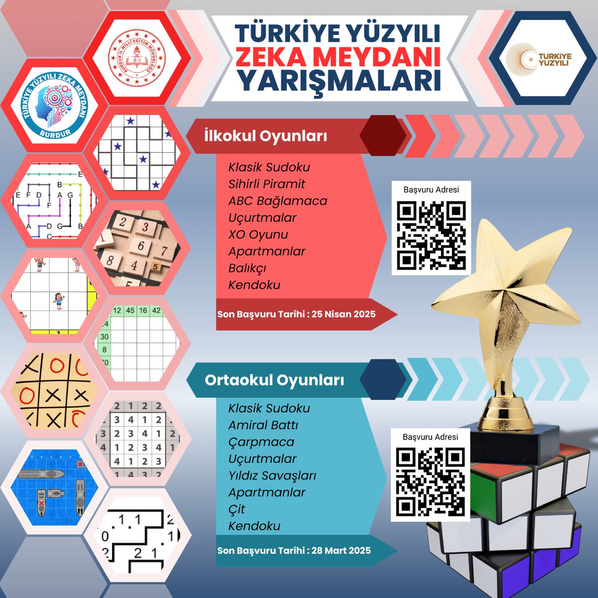 🧠✨ TÜRKİYE YÜZYILI ZEKA MEYDANI başlıyor!

İlkokul ve ortaokul öğrencilerimizi kapsayan akıl ve zeka oyunları heyecanına katılmak için başvurularınızı yapmayı unutmayın!