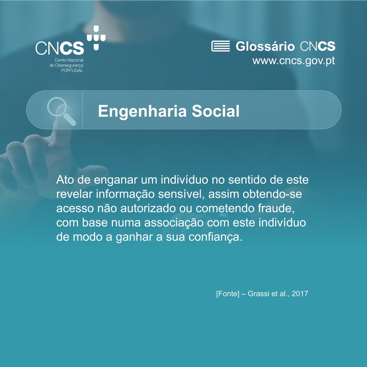 📣Glossário CNCS

🔍Engenharia social está no top 5 das ciberameaças mais relevantes em Portugal (Relatório Riscos e Conflitos 2024).

⚠️Caso identifique/sofra um incidente de cibersegurança reporte ao CERT.PT.
🔗cncs.gov.pt/pt/como-report…

Termine o ano ciberseguro!