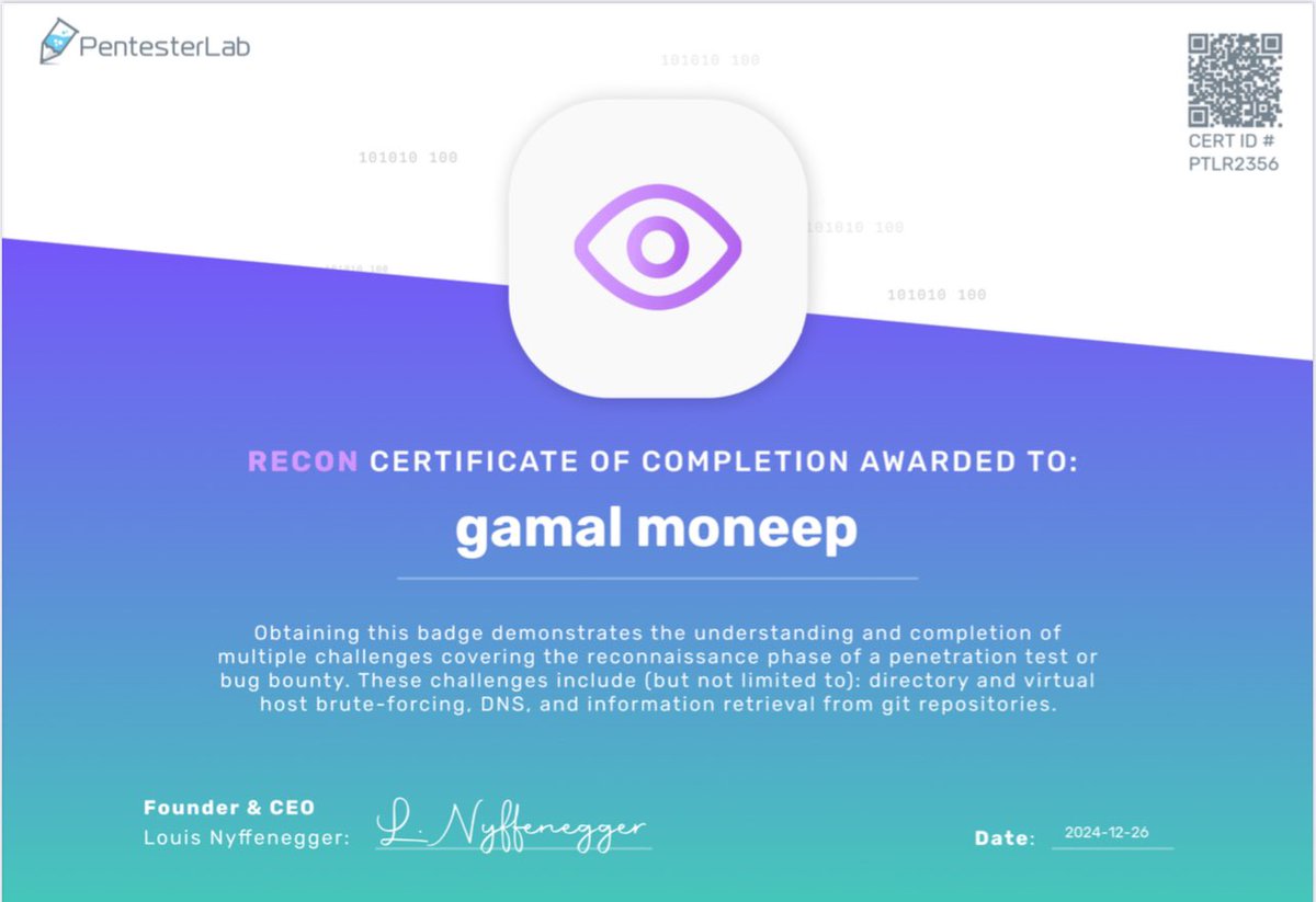 ZMoneep's tweet image. I just completed @Pentesterlab's Recon Badge!!! 
#web_Application_security #CyberSecurity #PenetrationTesting #CybersecuritySkills #EthicalHacking #InfoSec #CyberAttack #RedTeam #OffensiveSecurity  #AppSecurity #AppSec