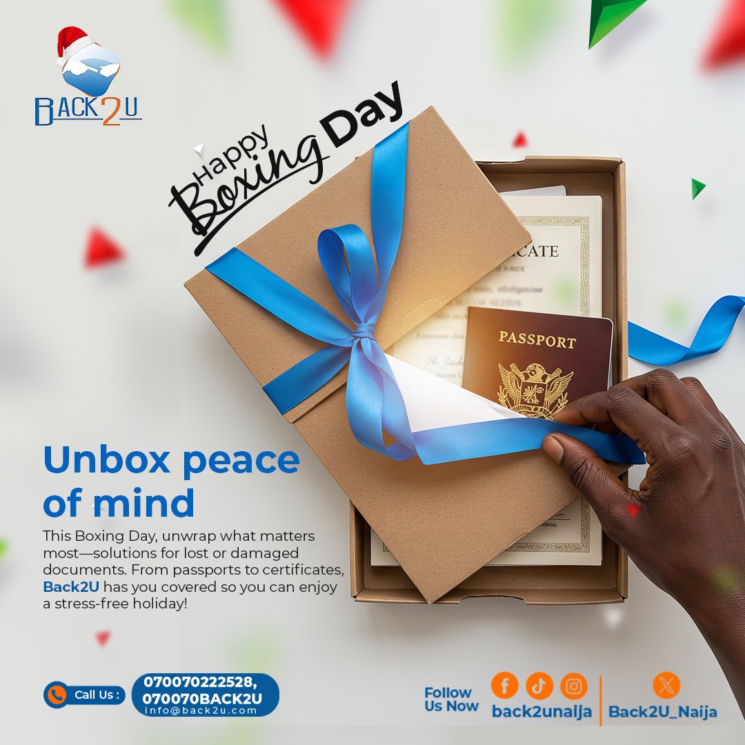 Back2U_Naija's tweet photo. We hope your holiday is filled with joy and celebration! On this Boxing Day, we thank you for being a valued member of the Back2u family. Here’s to a peaceful and joyous holiday.
#Back2u #recoveryservice #boxingday #happyholidays https://t.co/tYCJQiNl8q
