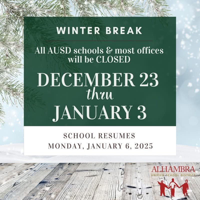 🥳 We hope our students &amp; staff members are enjoying winter break. ❄

➡ Just a reminder that all schools &amp; most offices will be closed through Jan. 3rd, so pls expect delayed replies to emails/voicemails. Thank you 🫶 for your patience &amp; understanding.

✨ See you on Jan. 6th❗