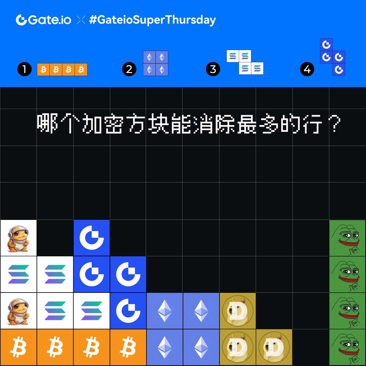 #Gateio超级星期四
🎯 哪个加密方块能消除最多的行？

💰 5位幸运儿将各获得 $10 奖励

关注 @gateio_zh
转发 &amp; 点赞 &amp; @ 3位好友 
在评论区留下您的答案

⏰ 活动截止：12月29日 23:59（UTC+8）