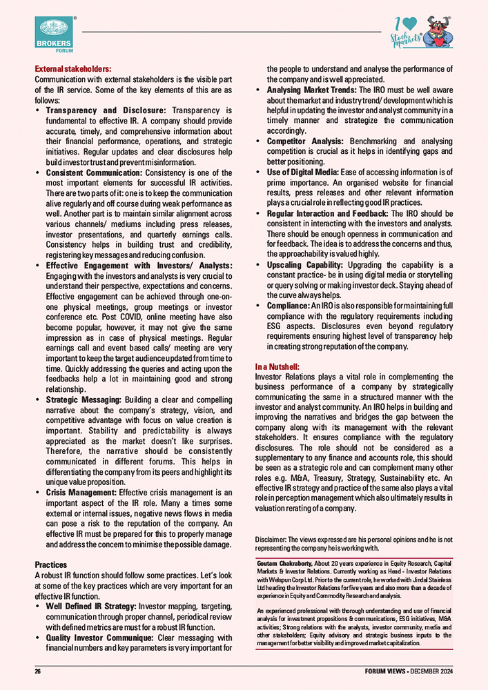 BBF has featured the article of Goutam Chakraborty, Head of Investor Relations - Welspun Corp Ltd.

Article on: "INVESTOR RELATIONS - IMPORTANCE, STRATEGIES AND PRACTICES" (Ref pg. 25 &amp; 26)

Edition: FORUM VIEWS, Dec 2024

Visit: brokersforumofindia.com/magazines.php

#forumviews #bbfindia