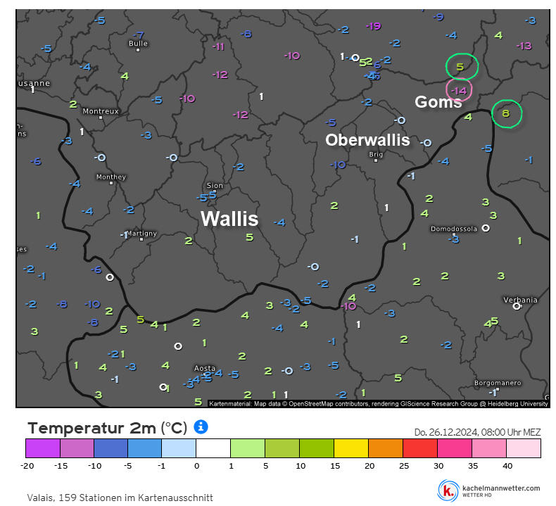 Alpenweerman's tweet photo. Typisch winterse hogedruk temperatuur verdeling / gradiënten #subsidentie #inversie met de hoogste temperaturen in de bergen en de laagste temp. in de dalen. Zo meldde het weerstation in #Ulrichen (1345m) in het oostelijke deel van #Oberwallis (Obergoms) om 07h00 een temp. van -14°C . Tegelijkertijd niet viel verder op de #Grimselpass (1890m) +6.1°C. Nog warmer werd het iets verderop net over de grens met het kanton Tessin alwaar #Robièi (1896m) +9 °C optekende