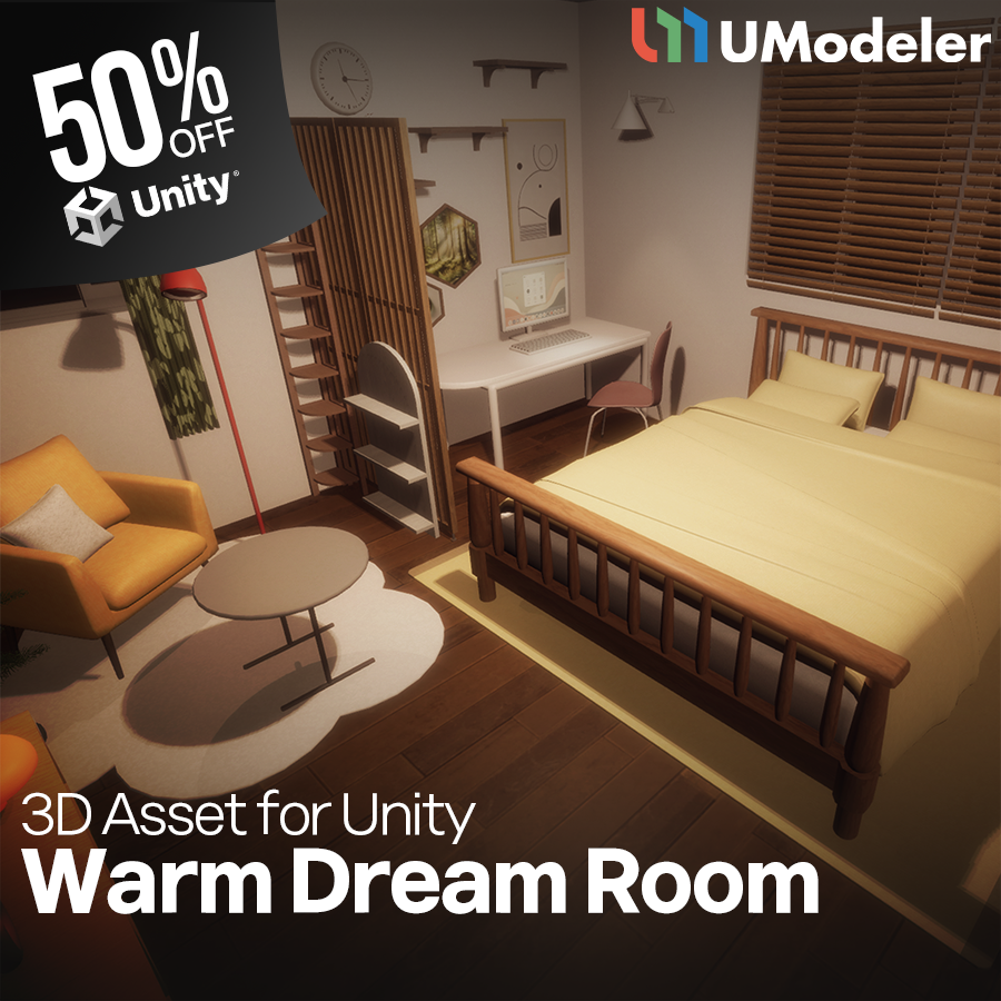 UModeler's tweet photo. โจ The Warm Dream Room is now available with a 50% discount!
Experience a NEW heartwarming room in the Asset Store.
Don't miss this chance to create your dream space at half the price! ๐ธ
๐ Unity Asset Store: https://t.co/itjVkWInlL
#UModelerX #GameDev #Unity3D #3DModeling #madewithunity