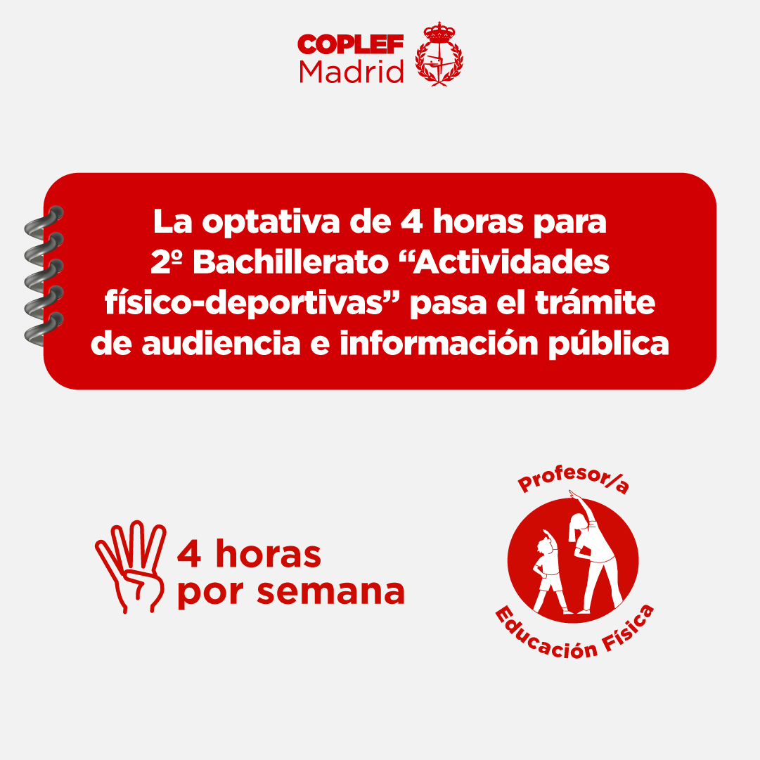 coplefmadrid's tweet photo. ¡MUY IMPORTANTE!
La optativa de 4 horas para 2º Bachillerato “Actividades físico-deportivas” pasa el trámite de audiencia e información pública.
Toda la info en el link 🔗https://t.co/UvNRT24H9X
#MasEF #1hEF #EduFis https://t.co/npXpOdxHqC