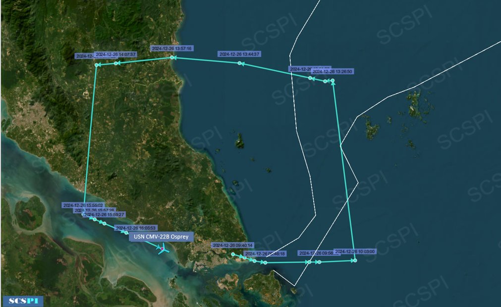 SCS_PI's tweet photo. Based on the flight path of carrier-borne CMV-22B Osprey #AEEBA5, USS Carl Vinson is operating in the Indonesia-Malaysia boundary waters in the #SouthChinaSea, Dec.26. https://t.co/5vtKKoMHE8