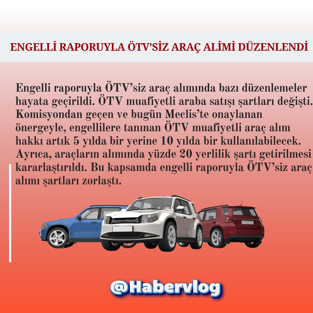 Engelli raporuyla ÖTV’siz araç alımı düzenlendi: Araç alım hakkı 5 yılda bir yerine 10 yılda bir kullanılabilecek, ayrıca %20 yerlilik şartı getirildi. Şartlar zorlaştı.

#aracımadokunma #Balıkesir #SONDAKİKA