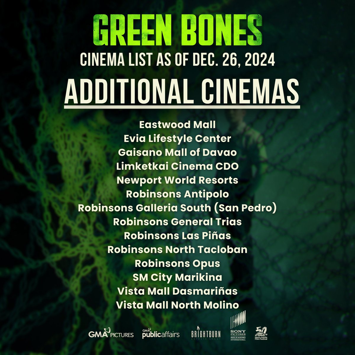 GMA_PA's tweet photo. MAS MARAMI PANG MGA SINEHAN PARA SA GREEN BONES! 💚

Maraming salamat sa inyong suporta at pagmamahal sa #GreenBonesMovie! 'Saang sinehan n'yo pa gusto manood ng Green Bones'?!

Huwag magpahuli! Buy your tickets now! #MMFF50 https://t.co/ub3Cp04aEi