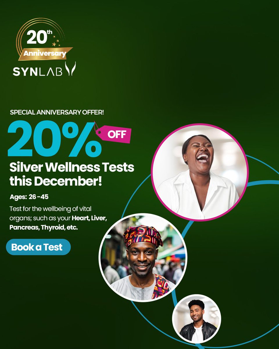 SynlabNG's tweet image. 🎉 Your Health, Our Priority! Celebrate with SYNLAB this December! 🎉

This festive season, we’re making health a top priority! Get 20% OFF our Silver Wellness Test for ages 26-45 💪.

#DecemberOffers #SYNLABNigeria