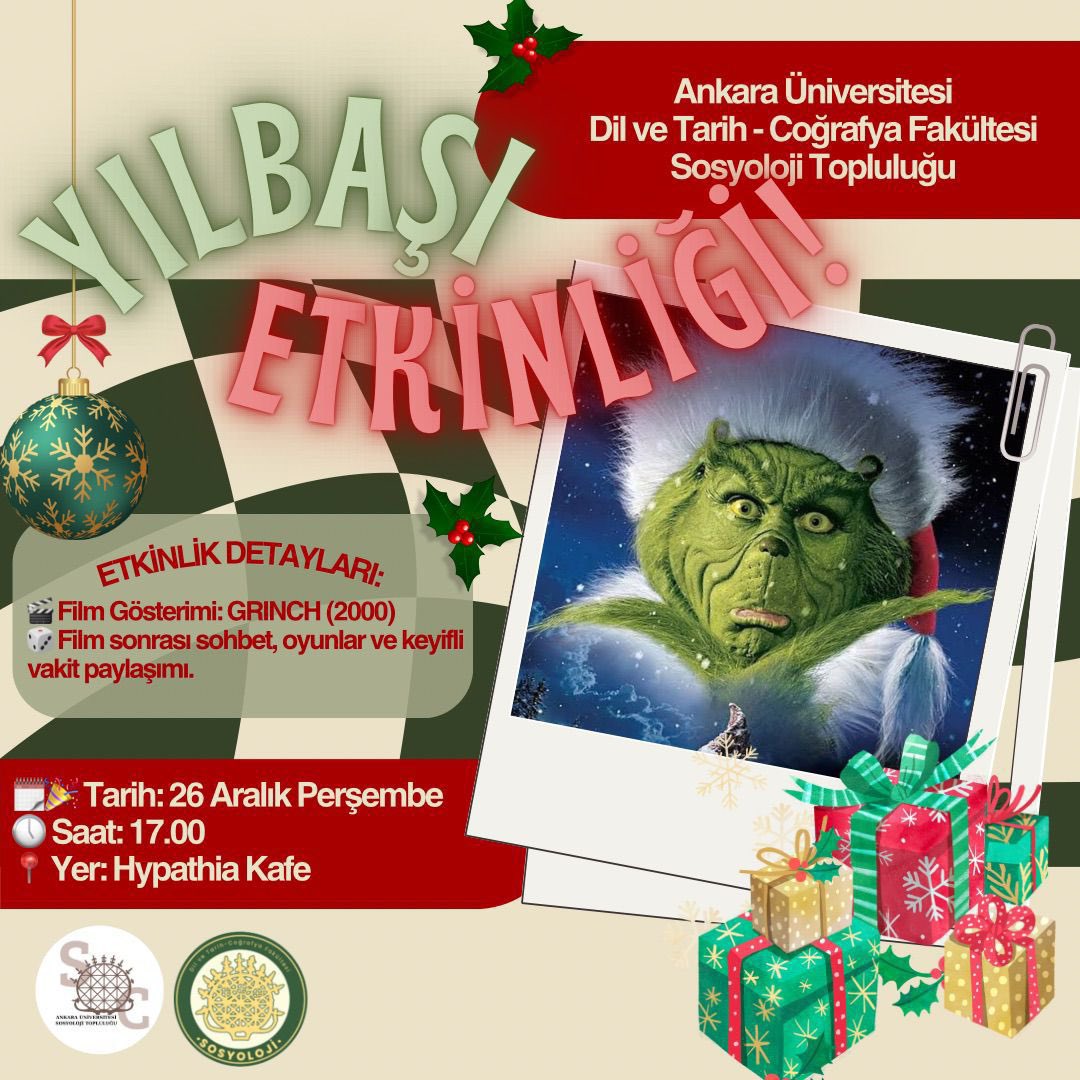 🎬 26 Aralık Perşembe günü saat 17.00’de Hypathia Kafe’de buluşuyoruz!

🟢 Grinch filmiyle keyifli bir başlangıç yapıyoruz.
🎲 Film sonrası sohbet, oyunlar ve güzel anlar paylaşmak için bir araya geliyoruz.

✨ Herkesi bekliyoruz! ✨