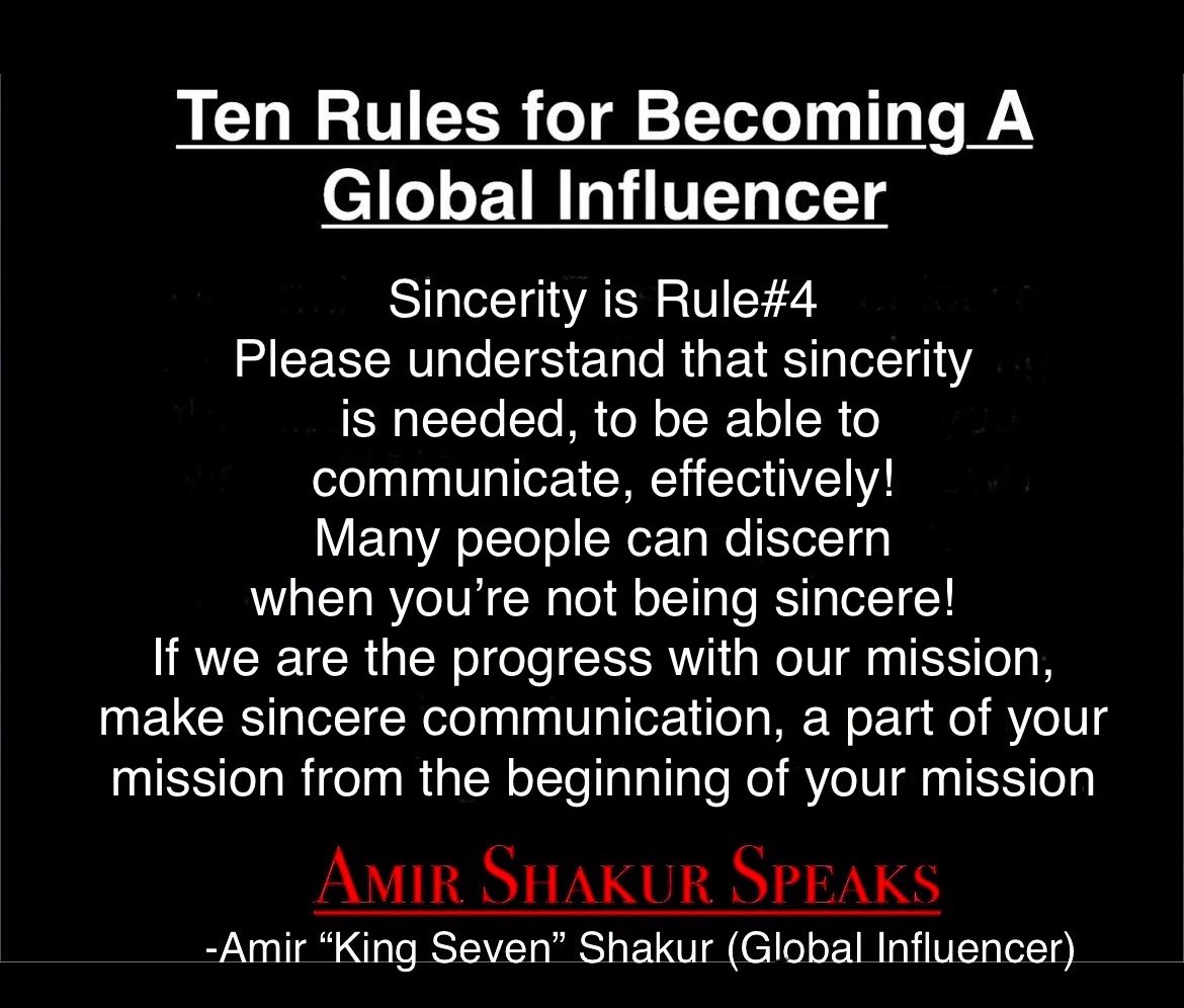 KingSeven7Prod's tweet photo. As we move forward into day 4 of the countdown to New Year’s 2025, I am delighted to introduce the fourth  principle in our series: Rule #4 which is sincerity unlock your potential and stay tuned for tomorrow’s rule, which is Providence.  #amirshakurspeaks #GlobalInfluencer https://t.co/19ED9GOGeS