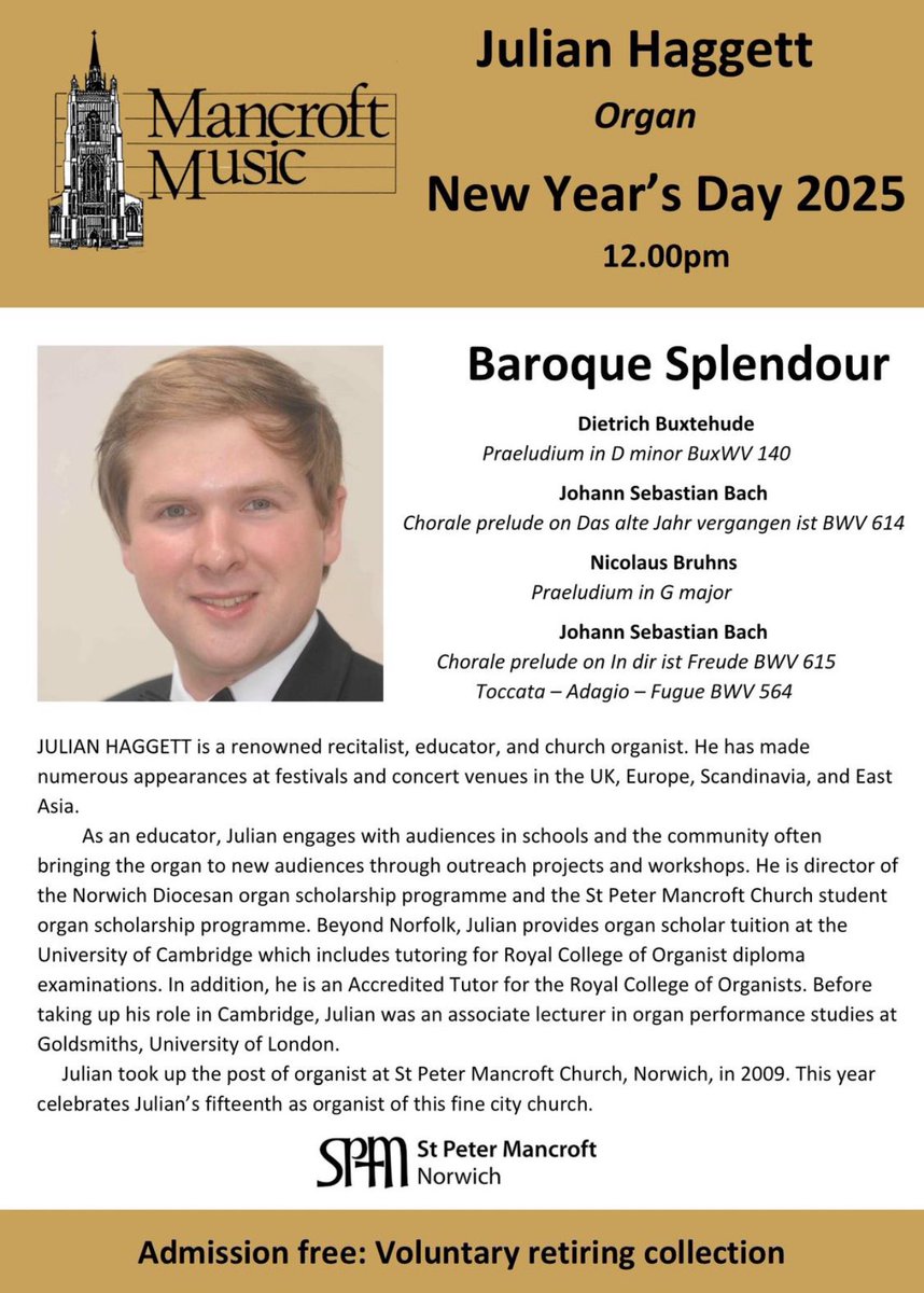 Don’t forget to come along on #newyearsday2025 at 12noon to enjoy the “Baroque Splendour” of our #PeterCollins St Peter Mancroft organ. 
Church will be OPEN 11.30am -1.15pm.
#baroque #StPeterMancroft #Norwich #NewYearsDay #2025 #organrecital #whatsonnorwich #whatsonnorfolk