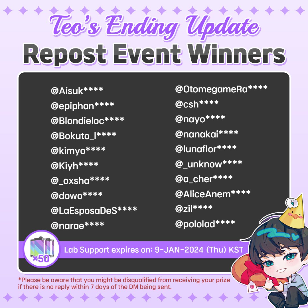 [더 썸/The Ssum]

태오 엔딩 업데이트 전 리포스트 이벤트 당첨자를 공개합니다!
We announce the winners of Teo’s Ending Update Pre-launch Repost Event!
#더썸 #TheSsum