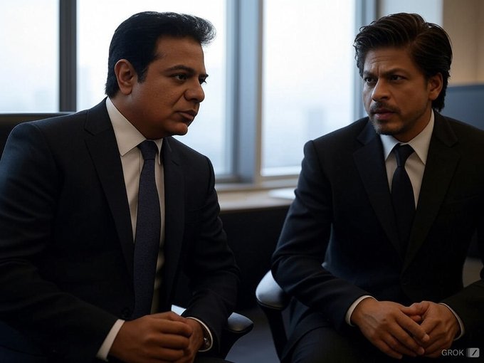 Adv_qurramali's tweet photo. "Two stars, one frame! 🌟 The Bollywood King @iamsrk and the IT King of Telangana @KTRBRS  — a perfect blend of charm and innovation! 🌐✨ #SRK #KTR #StarsInOneFrame #InnovationAndCharm" https://t.co/gDvTPCWXhn