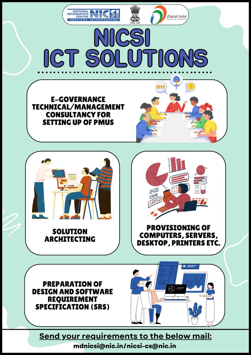 MeitY_NICSI's tweet photo. NICSI provides end-to-end, total ICT solutions which include ๐
@NICMeity @GoI_MeitY @_DigitalIndia
#NICSI #postoftheday #servicepost #service #ICTSolution https://t.co/OnZwEbMjr6