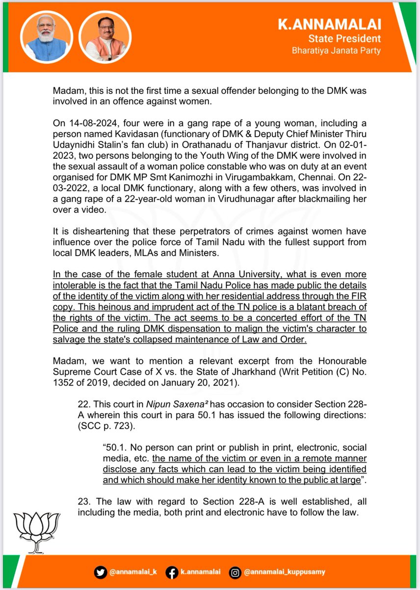 annamalai_k's tweet photo. On behalf of @BJP4TamilNadu, we have today written a letter to @NCWIndia seeking strenuous action against the persons involved in this detestable act of revealing the victim's identity to the general public, the State Police Department for their willful negligence, and also flagging the ruling DMK govt’s failure to protect the women of the state against such dreadful crimes. #ShameOnYouStalin