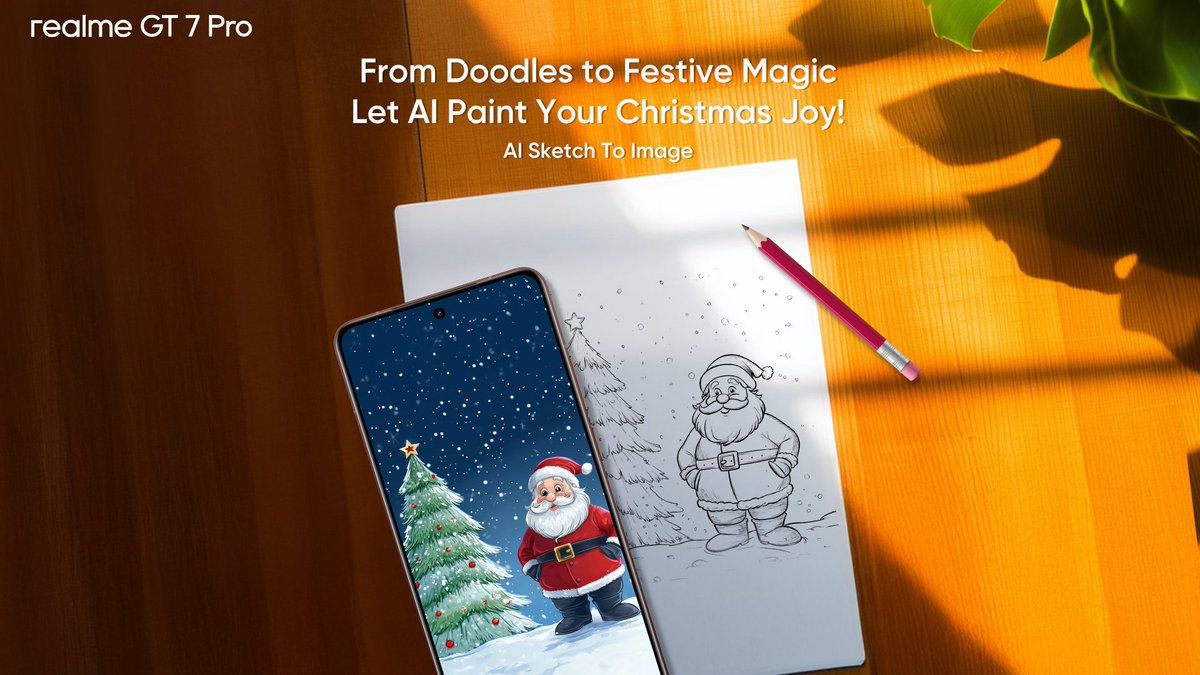 realmeIndia's tweet photo. Jingle bells, jingle spells, AI turns your doodles swell! 🎶🎨🎅 Celebrate a merrier Christmas with AI magic of #realmeGT7Pro 

Buy now: 
https://t.co/nS6H9ZRYdf 
https://t.co/K7Tg7mJqWS

#DarkHorseOfAI #realgift https://t.co/cYQ77AtjLV