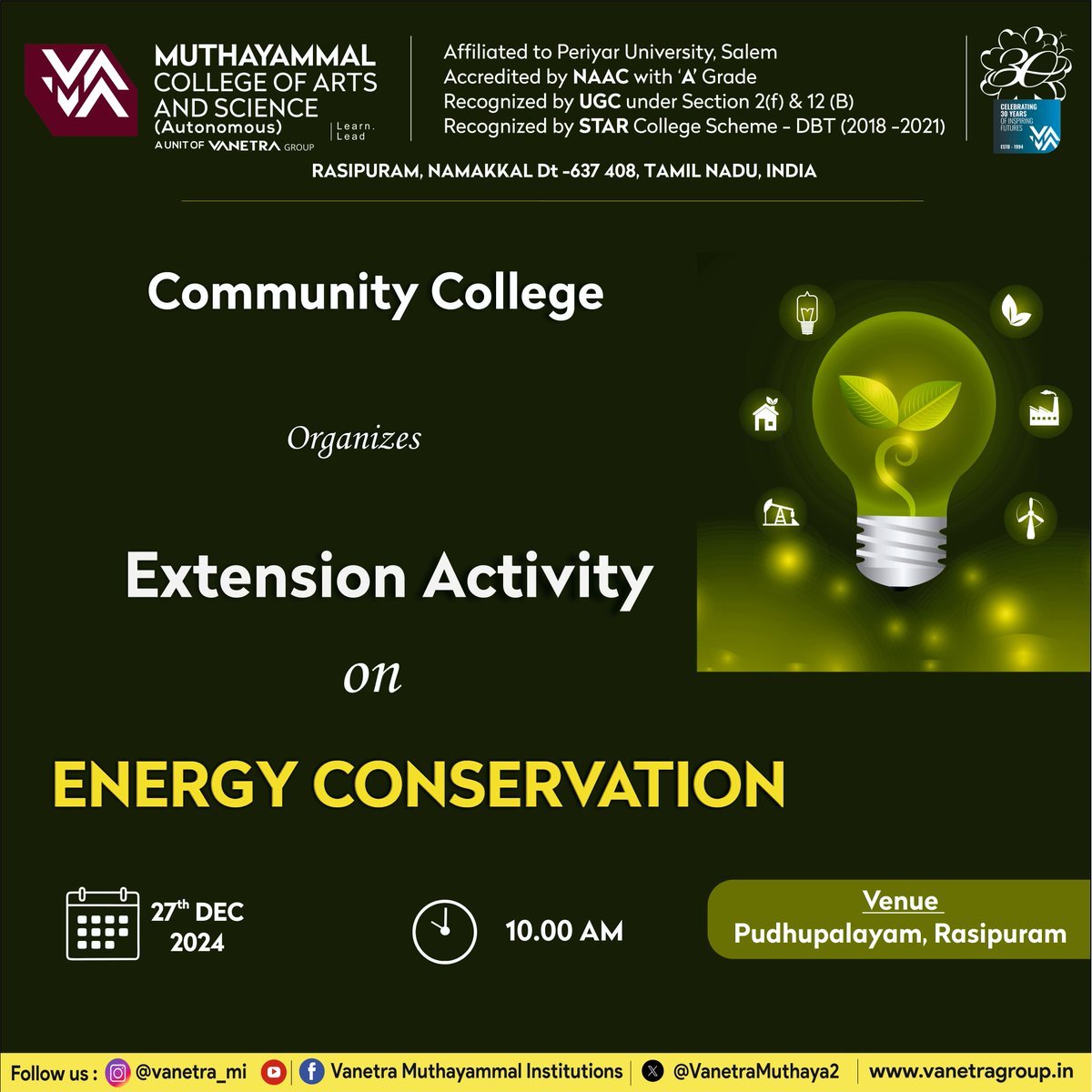 VanetraMuthaya2's tweet photo. π‘Community College Presents: Extension Activity - Energy Conservation
π
Date: 27.12.24
Join us to raise awareness about the importance of conserving energy for a sustainable future.
#EnergyConservation #Sustainability #CommunityCollege #ExtensionActivity #SaveEnergy #vanetra https://t.co/5iej0nalNL