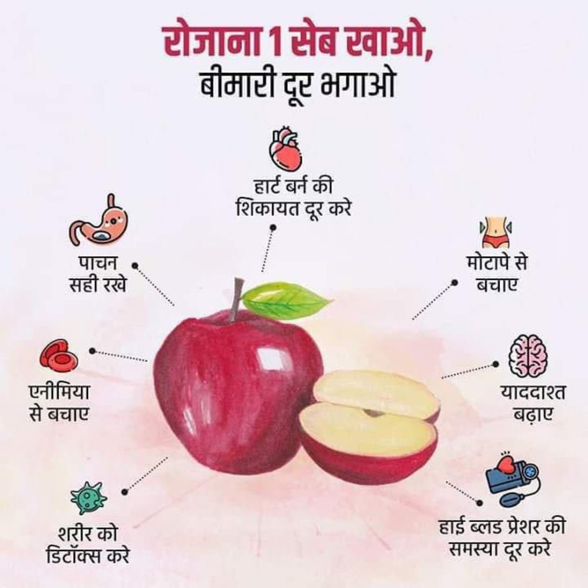 सेब को एक "सुपरफूड" माना जाता है क्योंकि यह पोषक तत्वों से भरपूर होता है और स्वास्थ्य के लिए कई लाभ प्रदान करता है।

सेब को छिलके सहित खाएं, क्योंकि इसके छिलके में फाइबर और पोषक तत्व होते हैं।

इसे नाश्ते में या स्नैक के रूप में खाएं।

"An apple a day keeps the doctor away" वाली