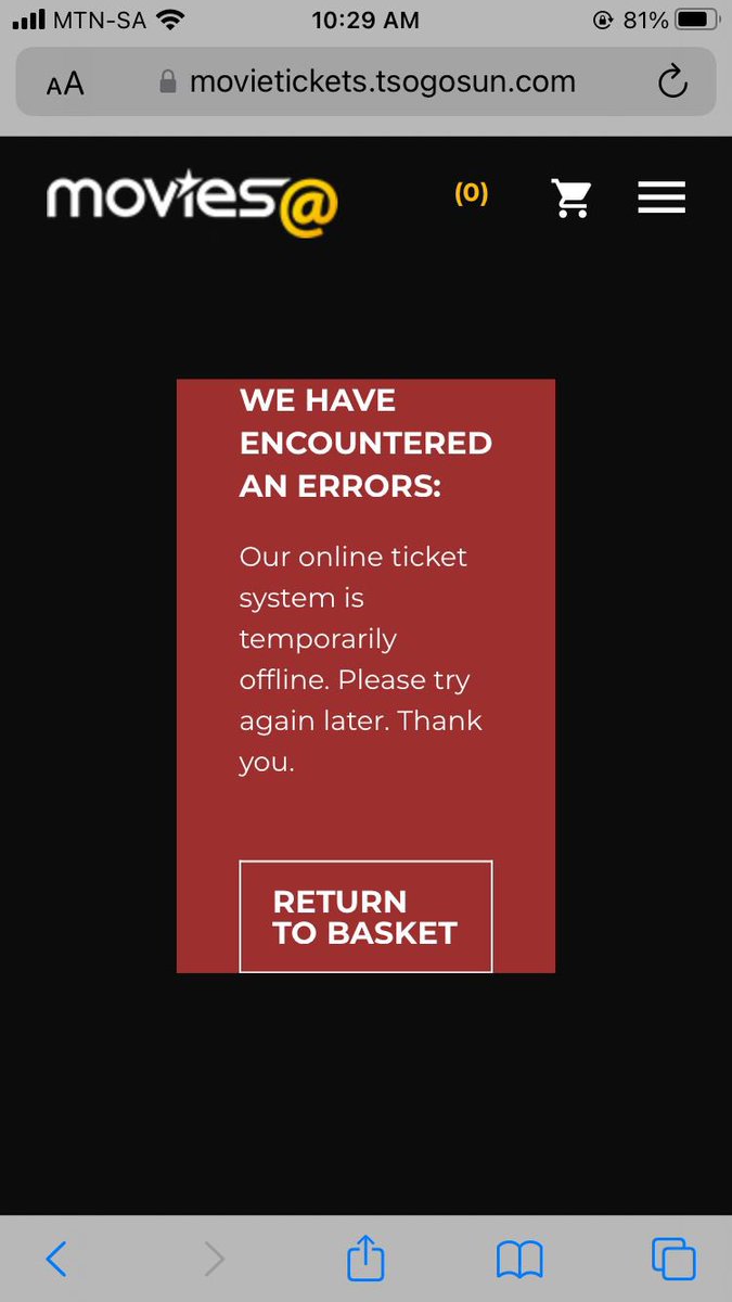 chairtin's tweet photo. @tsogosun - Hi. Why can’t we buy movie tickets through your website? It keeps on failing. This been happening for over a year now. I get the below error. Please get your IT team or Service Provider to fix the issue. #badcustomerexperience https://t.co/HDu9CkepBk