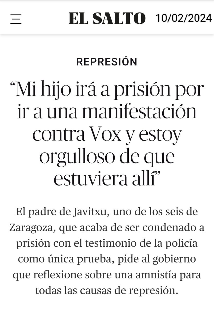 2️⃣5️⃣5️⃣ días en prisión los jóvenes antifascistas de Zaragoza condenados por MANIFESTARSE ante la extrema derecha.
¡Gobierno .<a href="/sanchezcastejon/">Pedro Sánchez</a> .<a href="/desdelamoncloa/">La Moncloa</a> .<a href="/PSOE/">PSOE</a> .<a href="/Yolanda_Diaz_/">Yolanda Díaz</a> .<a href="/sumar/">Sumar</a>, INDULTO para Adrián, Daniel, Imad y Javitxu, DEROGACIÓN de la #LeyMordaza y REFORMA del
