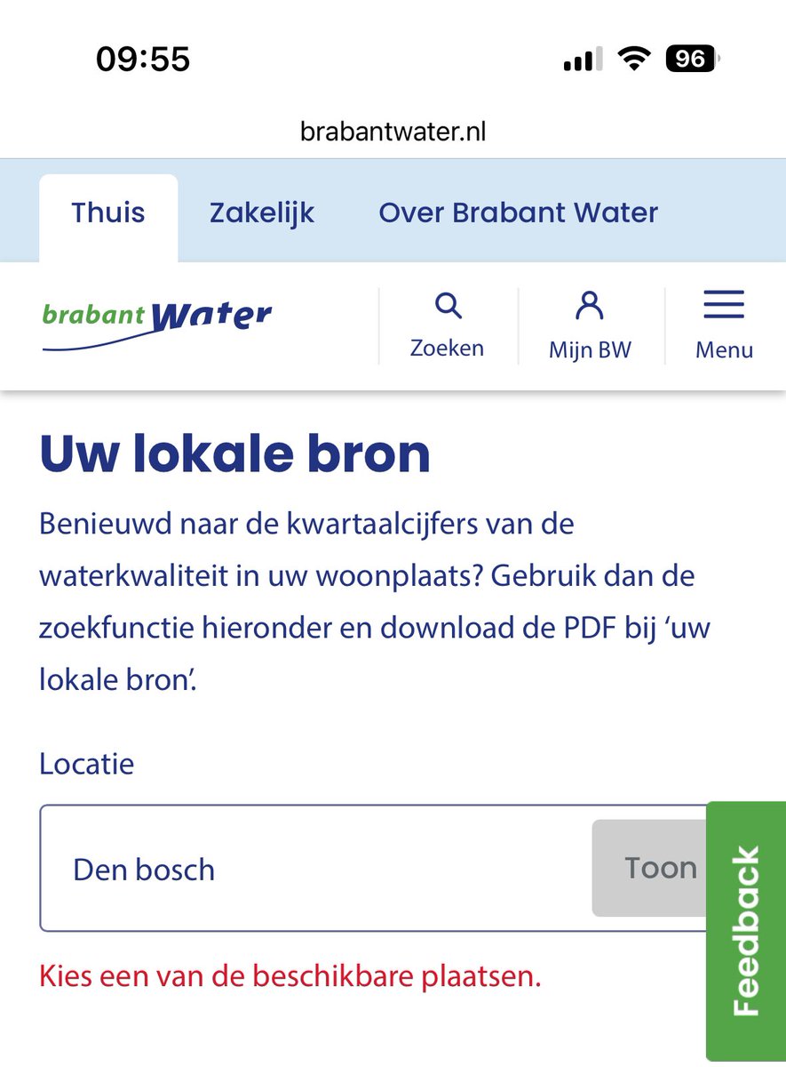 Os_Car's tweet photo. @BrabantWater het enige belangrijke (voor mij) op jullie site: de lokale water hardheid opvragen, werkt niet op een iOS telefoon.  Ik krijg alleen maar:"Kies een van de beschikbare plaatsen" en een lege lijst.  Kunnen jullie dit aub fixen? https://t.co/mZWAaVMEez