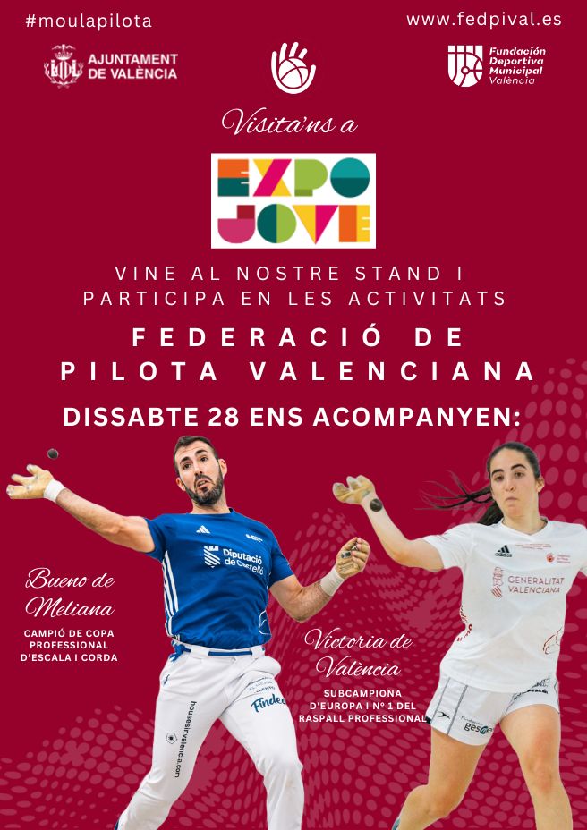 PROMOCIÓ - Hui arranca Expojove 24/25 a <a href="/Feria_Valencia/">Feria Valencia</a>. Vos esperem a l'estand de la FPV fins el dia 28 (Pavelló 4 Nivell 2), on rebrem la visita de jugadors i jugadores de diferents modalitats.
Vine i participa en les nostres activitats!
#moulapilota
<a href="/AjuntamentVLC/">Ajuntament València</a>
<a href="/FDMValencia/">FDM Deporte València</a>