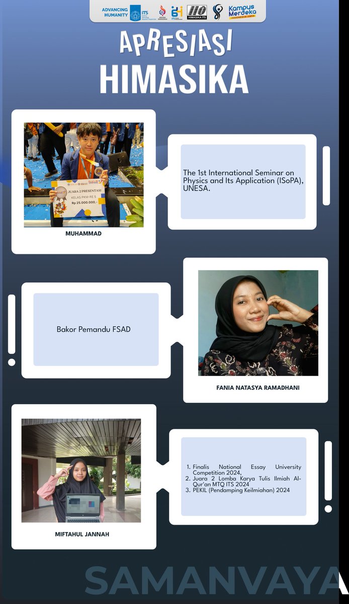 [APRESIASI HIMASIKA ITS]

Halo Sobat Himasika!! 👋🏻
Selamat kepada teman teman HIMASIKA!! Semoga menjadi motivasi bagi teman-teman lain untuk berkontribusi dan menambah pengalaman!!
 GOOD JOB, WE PROUD OF YOU!!🙌🏻

#APRESIASI
#HUMANRESOURCE
#SAMANVAYA
#HIMASIKAITS2024
#HIMASIKAITS