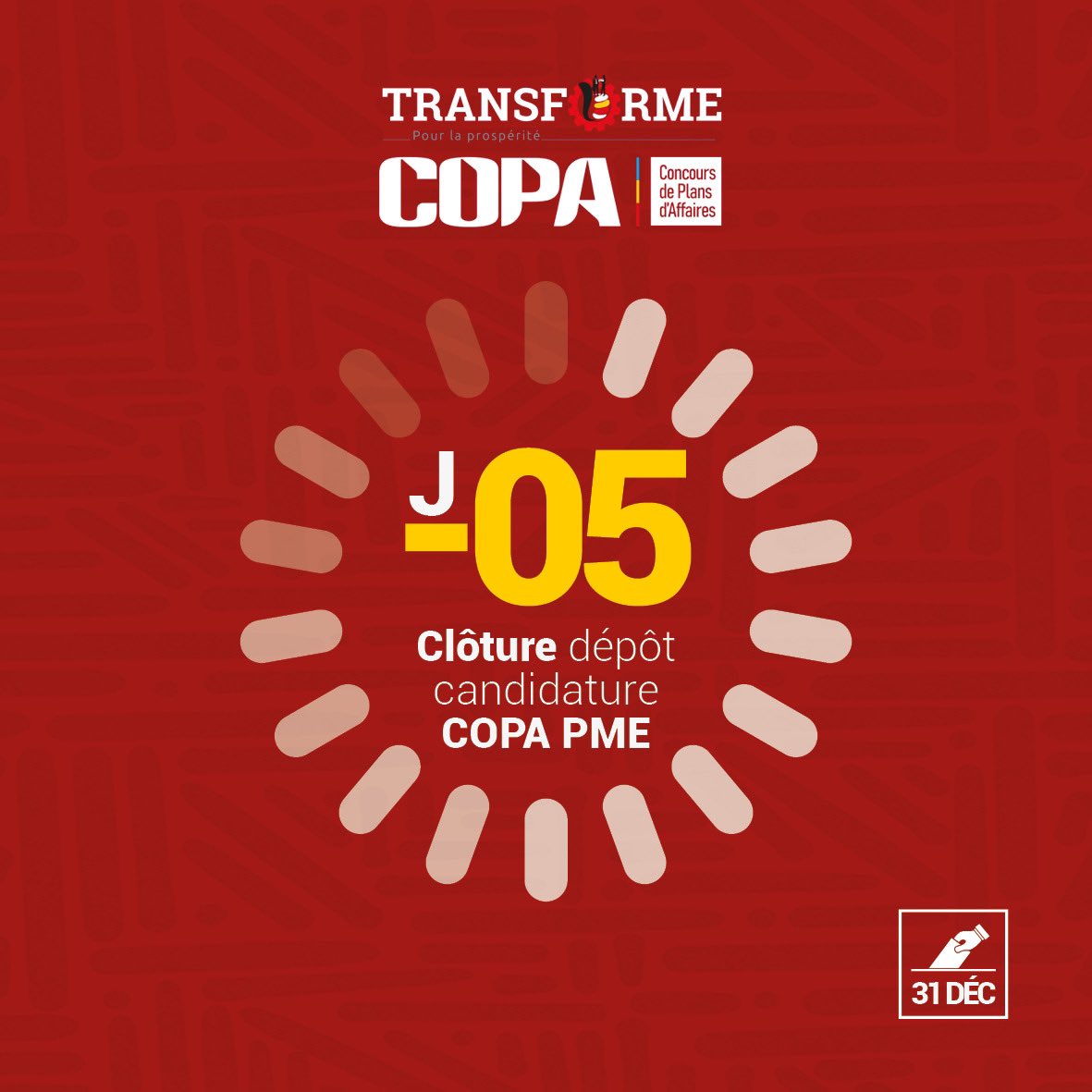RdcTransforme's tweet photo. Nous sommes entrés dans la zone rouge⏳⏳⏳⏳
Plus que 5 jours avant la clôture des candidatures pour le Concours des plans d’affaires. 
N’attendez pas le 31 décembre 2024 pour candidater. Faites-le dès maintenant 🔥

Êtes-vous une PME ? 
Candidatez à travers ce lien 
https://t.co/g0UY7cZMwV

#projettransforme #RDC #BanqueMondiale #BanqueMondiale #entrepreneuriat #COPATransforme #Innovation #TransformationEconomique #candidature #Entrepreneuriat #rdc #COPA #developpement