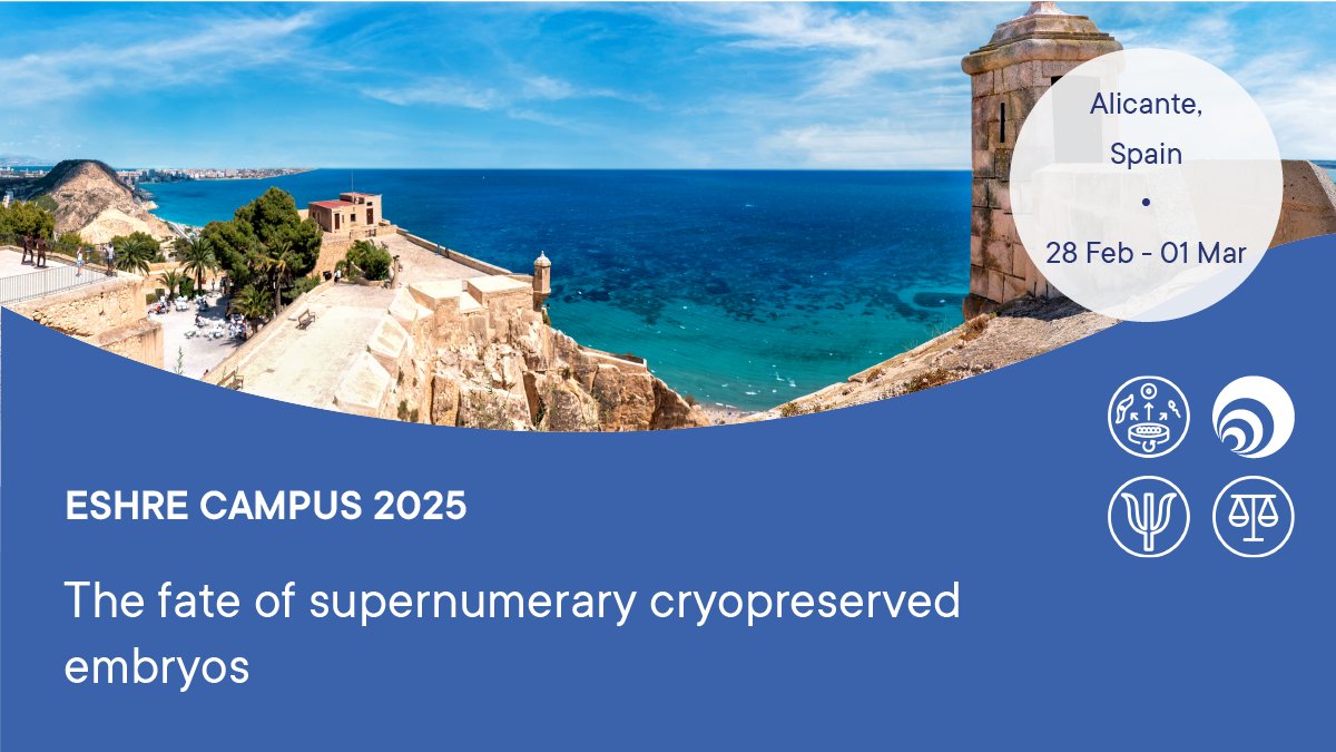 ESHRE's tweet photo. Calling all #BioEthics enthusiasts! Dive into surplus frozen embryos in Alicante from 28 Feb 2025. Explore legal boundaries, patient perspectives, and ART applications. Let's shape the future together! ๐ฌโ๏ธ
๐ 6 CME credits
๐ https://t.co/6NOy4UuMXF
#ESHRE #CampusCourse https://t.co/C9rdPyZgOL