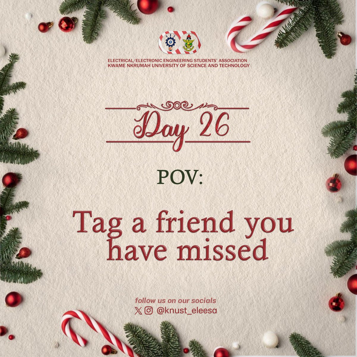 knust_eleesa's tweet photo. ELEESA DECEMBER CHALLENGE 🎅🏽⚡ 

Who’s that one friend you’ve been thinking about lately? 🥹 Tag them and let them know you’ve missed them! 🫶🏼🫂

#Challenge26 https://t.co/ozTL2q3ymJ