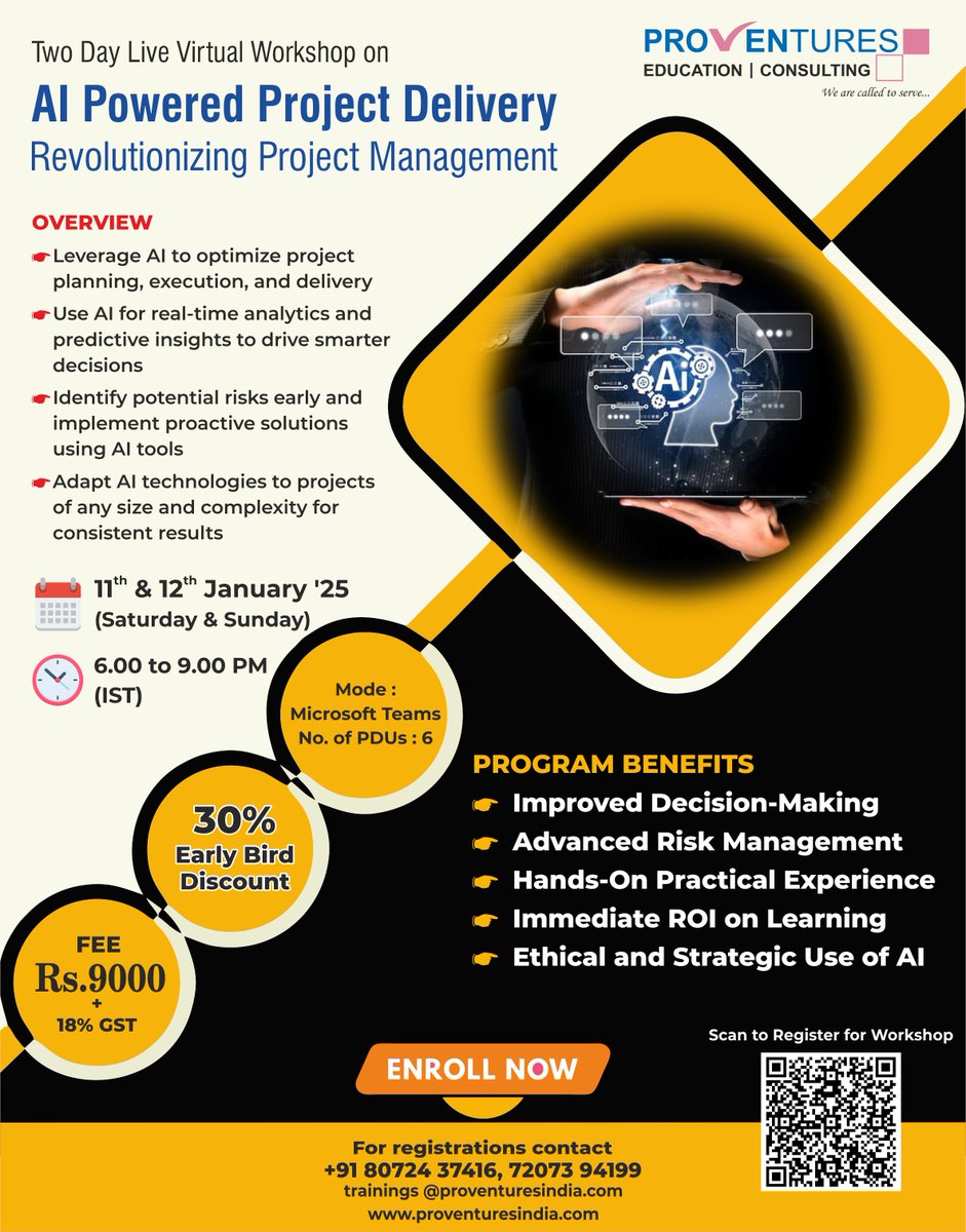 provenindia's tweet photo. Unlock the future of project management with the Two-Day Live Virtual Workshop on AI-Powered Project Delivery
Dates: Jan 11th & 12th,2025
Time: 6:00 PM - 9:00 PM IST
Special Offer: 30% Early Bird Discount
Fee: Rs.9000+18% GST
#AIInProjectManagement #AIWorkshop #ProventuresIndia https://t.co/uOrcAPL8nd