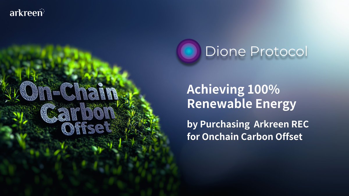 arkreen_network's tweet photo. 🌍 @DioneProtocol  x @arkreen_network : A Milestone for Sustainability!

Dione Protocol @DioneProtocol achieves 100% renewable energy for 2025 by purchasing tokenized Renewable Energy Certificates (RECs) from Arkreen, ensuring on-chain carbon offset for its ecosystem.

A step forward in transparency & environmental responsibility! 🌱

Read the full blog here: 
https://t.co/Zpp8LNM4DD

https://t.co/DknEceWrIB

#DePIN #ReFi #Sustainability #AREC #ARTIssuance $AKRE #RenewableEnergy