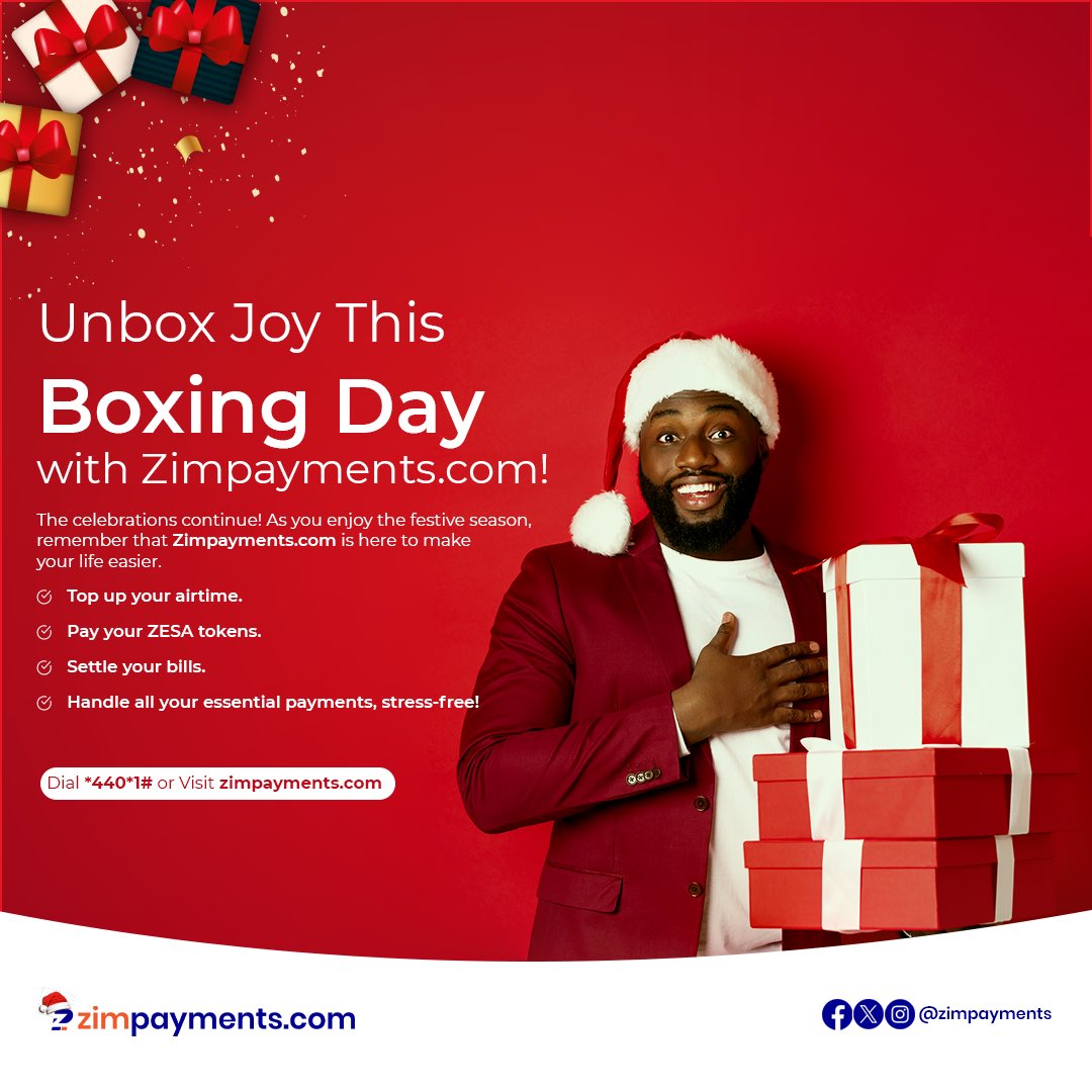 zimpayments's tweet photo. Happy Boxing Day to you and your family. May we all extend the gift of giving to our family, friends and colleagues. 🎄🎉 https://t.co/6LFScriAGk