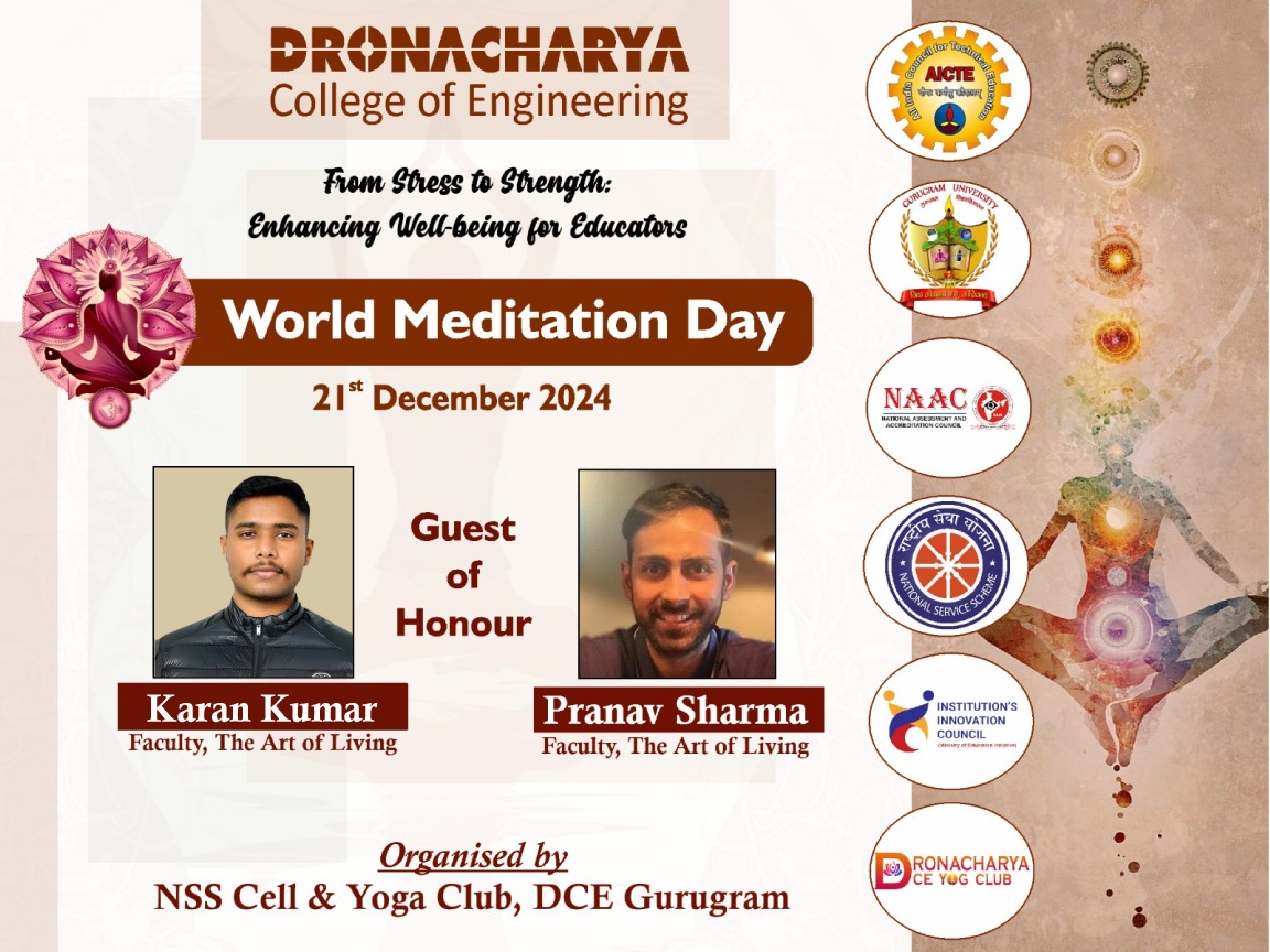 DCENSS1's tweet photo. 🌟 Celebrating World Meditation Day at DCE Gurugram 📷On 21st Dec 2024, NSS Cell &amp; Yoga Club hosted an inspiring event with The Art of Living experts Karan Kumar &amp; Pranav Sharma. Focused on mindfulness &amp; well-being, it promoted positivity &amp; mental health!  #WorldMeditationDay https://t.co/gE0pPBgB6g