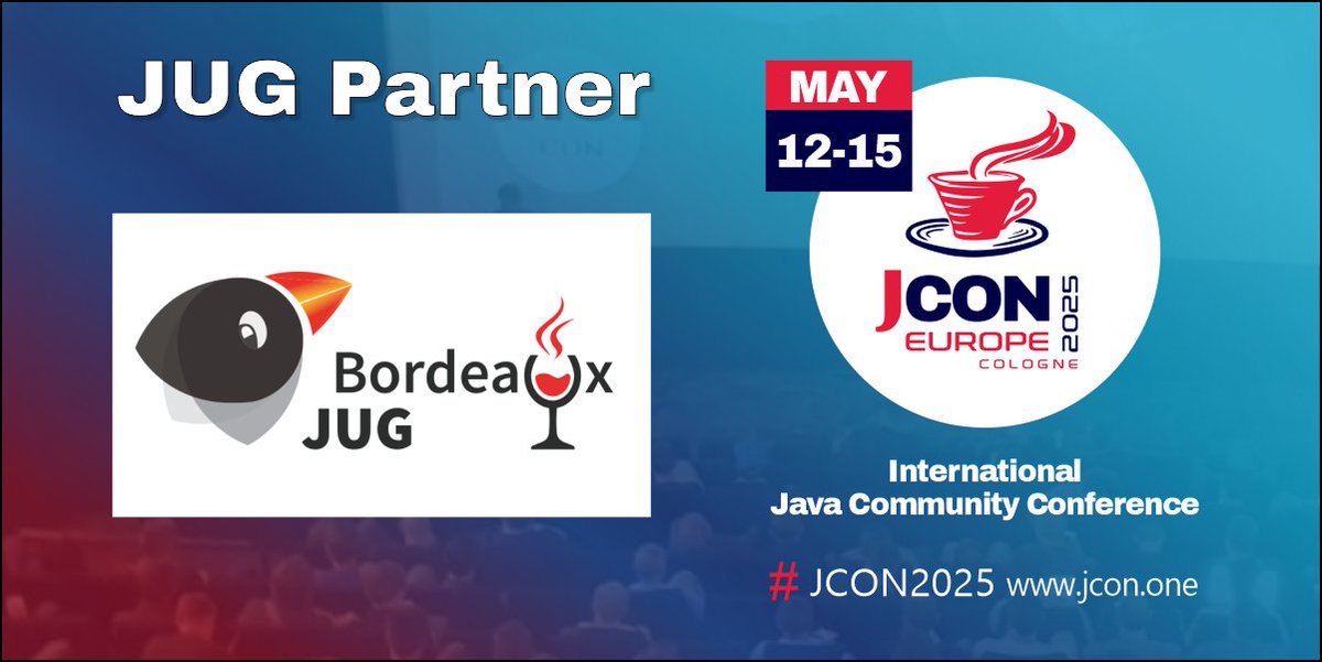 We are happy to have <a href="/BordeauxJUG/">BordeauxJUG</a> back as a partner of #JCON2025!

For all #JUG members we offer 1,000 free #JavaUserGroup tickets!
First come, firste serve!
#JCON #Java <a href="/Lilian_Benoit/">Lilian BENOIT</a> <a href="/laurentforet/">Laurent Foret</a> 

Free JUG ticket: pretix.eu/impuls/europe2…

Become a partner JUG: