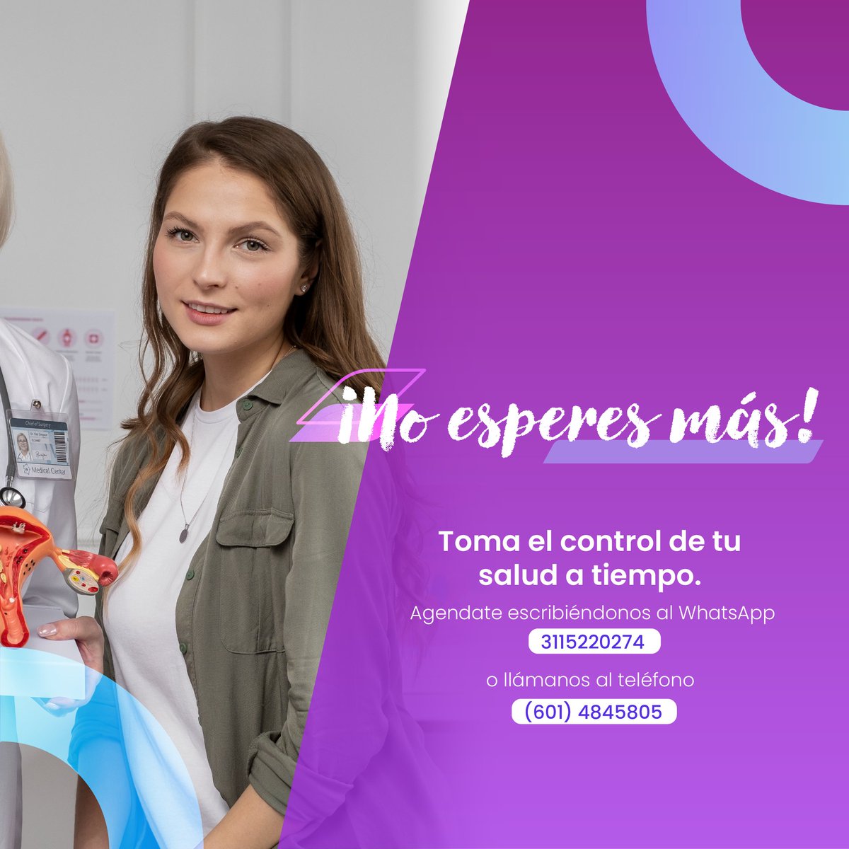 ¿Sientes molestias en tu zona íntima? ¡No pongas en riesgo tu salud!  

Contamos con especialistas en Ginecología para brindarte el cuidado y tratamiento que necesitas oportunamente.  

Agéndate a través de WhatsApp: 3115220274