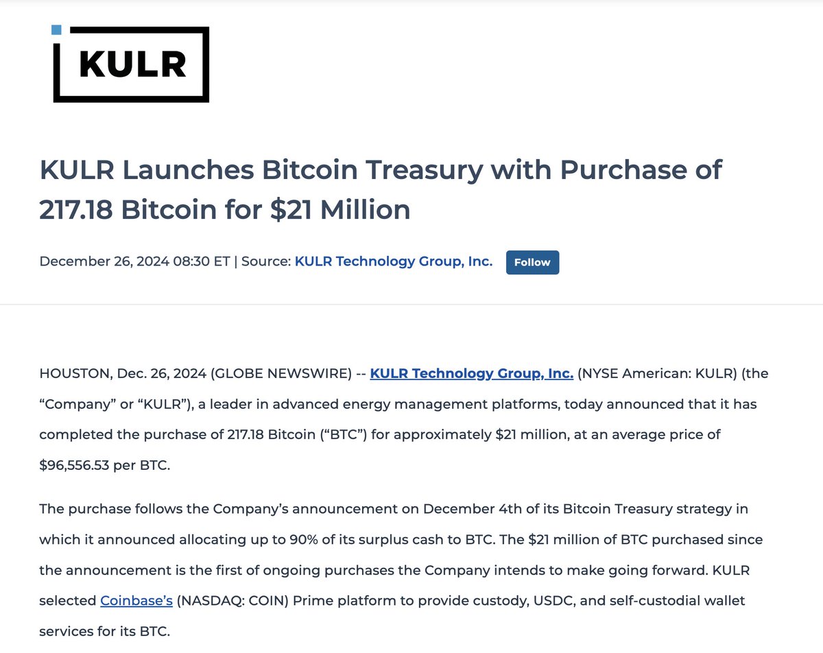 freddygomes0's tweet image. JUST IN: Public company KULR buys 217.18 #bitcoin for $21 million for its Bitcoin Treasury strategy.