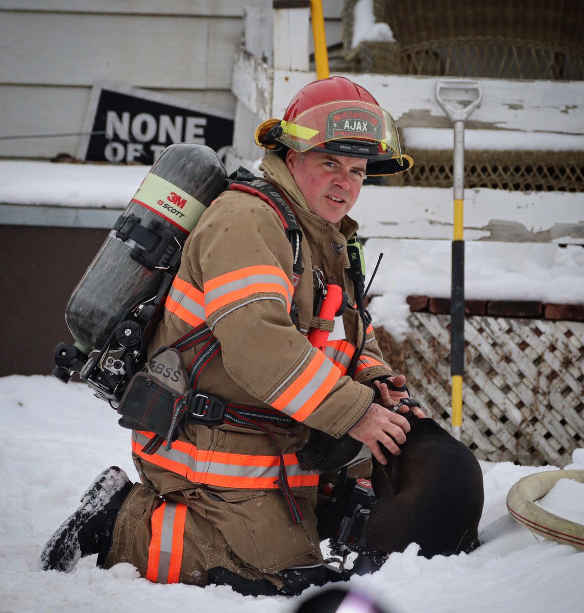 Fire crews reunited this dog with its family yesterday afternoon in Ajax, at a house fire call at Oak St and Harwood Ave.

Good stop by crews, quickly knocking down a Christmas day fire.

<a href="/ajax_fire/">Ajax Fire and Emergency Services</a> <a href="/protectingajax/">Friends of Ajax</a>