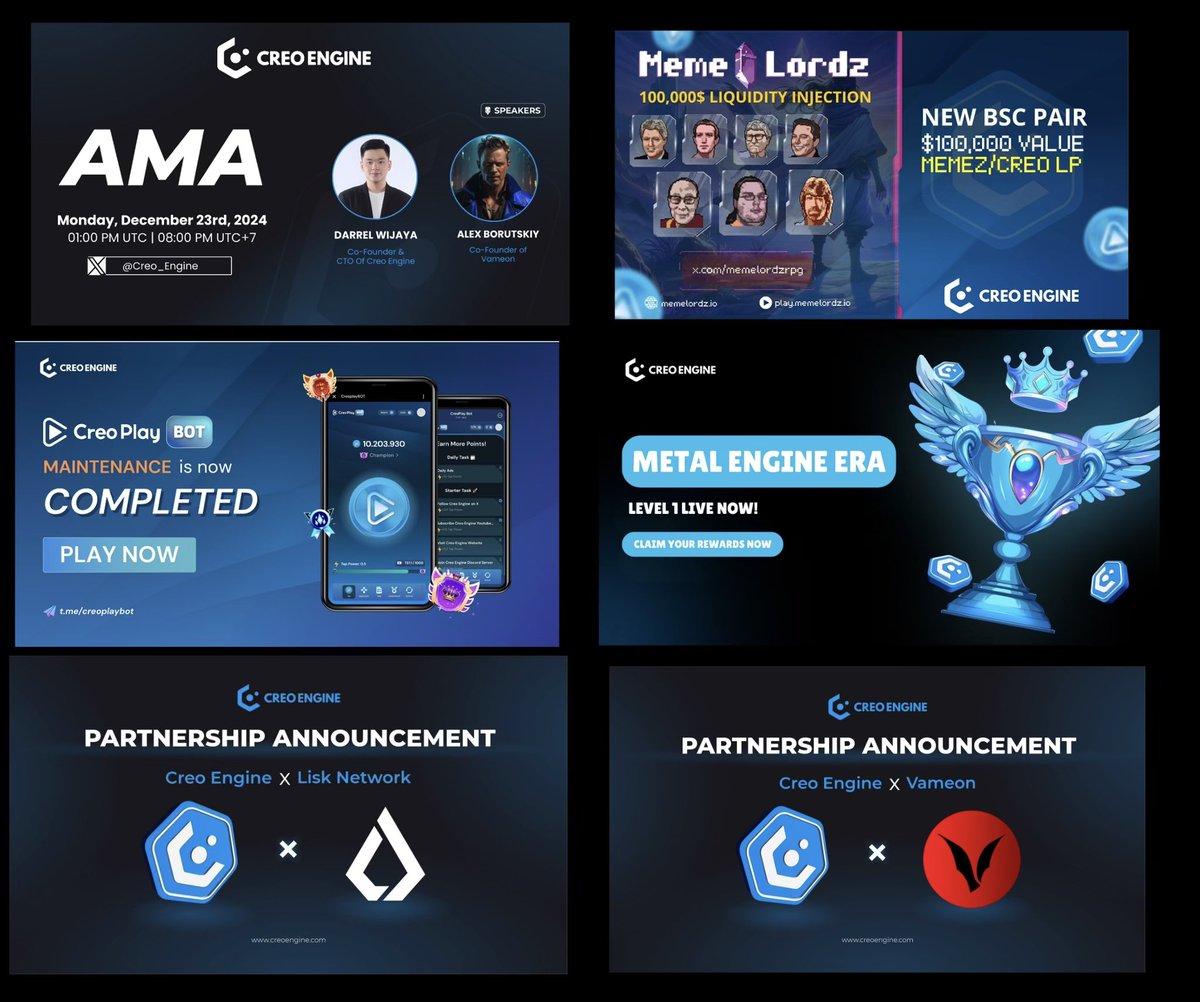 🎄 Recent wrap-up for $CREO 🎄

🕹️ Metal Engine Era now available on $CREO
🕹️ Bullish AMA available to listen back
🕹️ Partnership with $MEMEZ 
🕹️ Maintenance complete on TG mini app server
🕹️ Partnership with Vameon- Action RPG
🕹️ Partnership with Lisk - L2 
🕹️ Bitpanda listing
