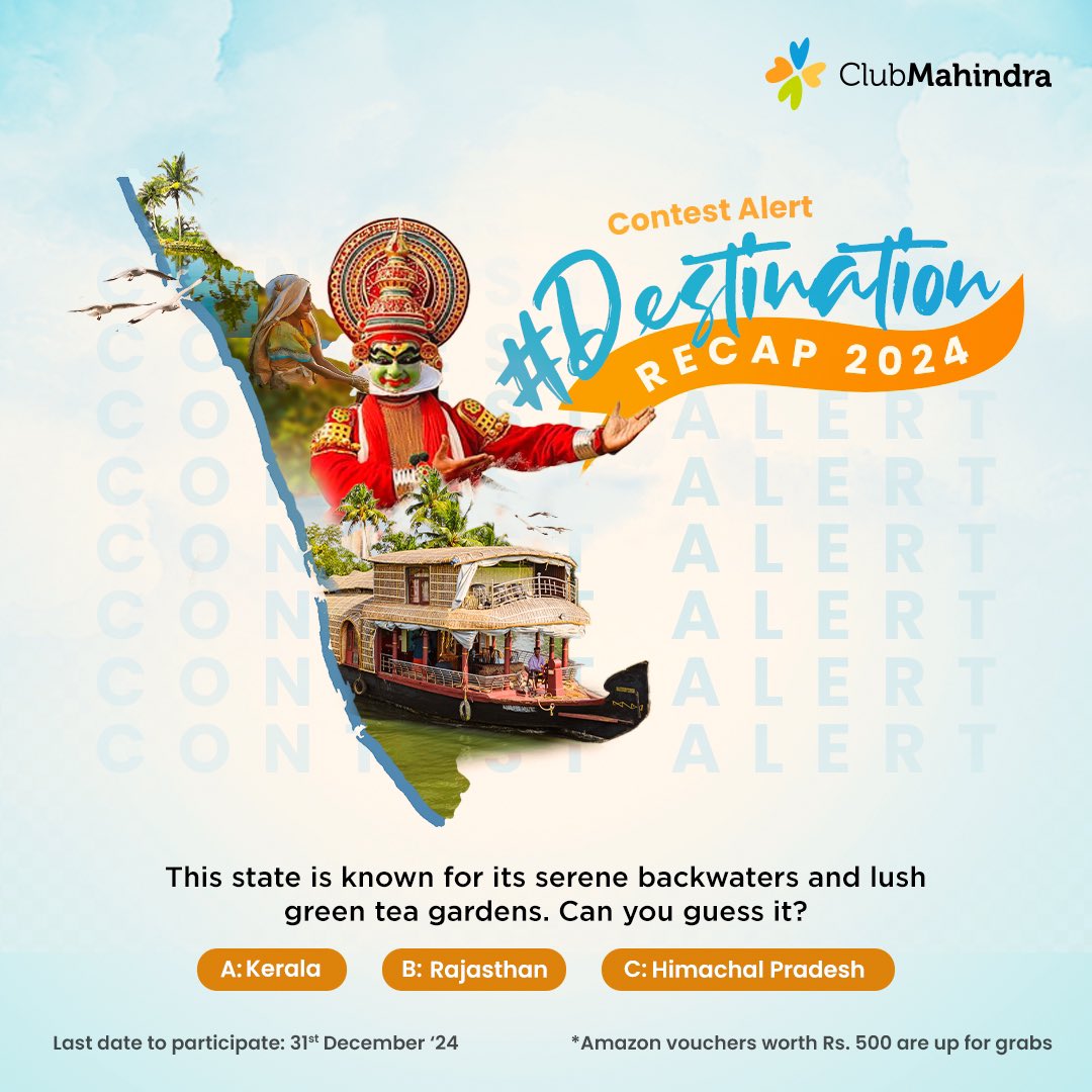 Club Mahindra (@clubmahindra) on Twitter photo #ContestAlert 1 of 6
Participate in all #DestinationRecap2024
STEPS
1) Commenting using #DestinationRecap2024 & tagging 4 friends & <a href="/clubmahindra/">Club Mahindra</a> is mandatory.
2) Participate in all 6 contest posts. Winners get Amazon vouchers worth INR 500 each #ContestAlert 1 of 6
Participate in all #DestinationRecap2024
STEPS
1) Commenting using #DestinationRecap2024 & tagging 4 friends & <a href="/clubmahindra/">Club Mahindra</a> is mandatory.
2) Participate in all 6 contest posts. Winners get Amazon vouchers worth INR 500 each