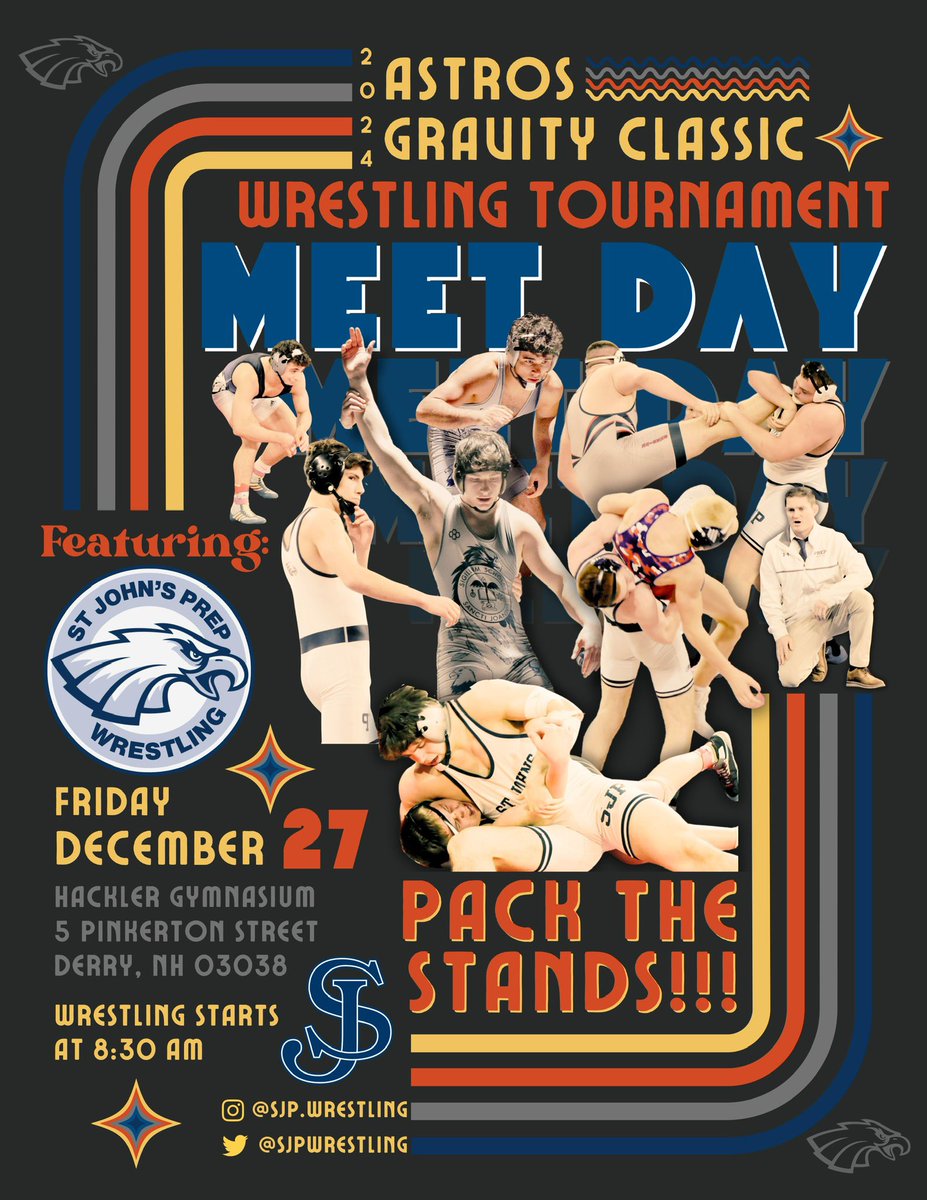 SJPWrestling's tweet image. The eagles are back in action TOMORROW in Derry, NH at the @astroswrestling wrestling Gravity Classic.
Friends, fam, and alum; here’s a great holiday opportunity to support the squad!

#packthestands #masswrestling #stjohnsprep #derrynh #highschoolwrestling #wrestlingtournament